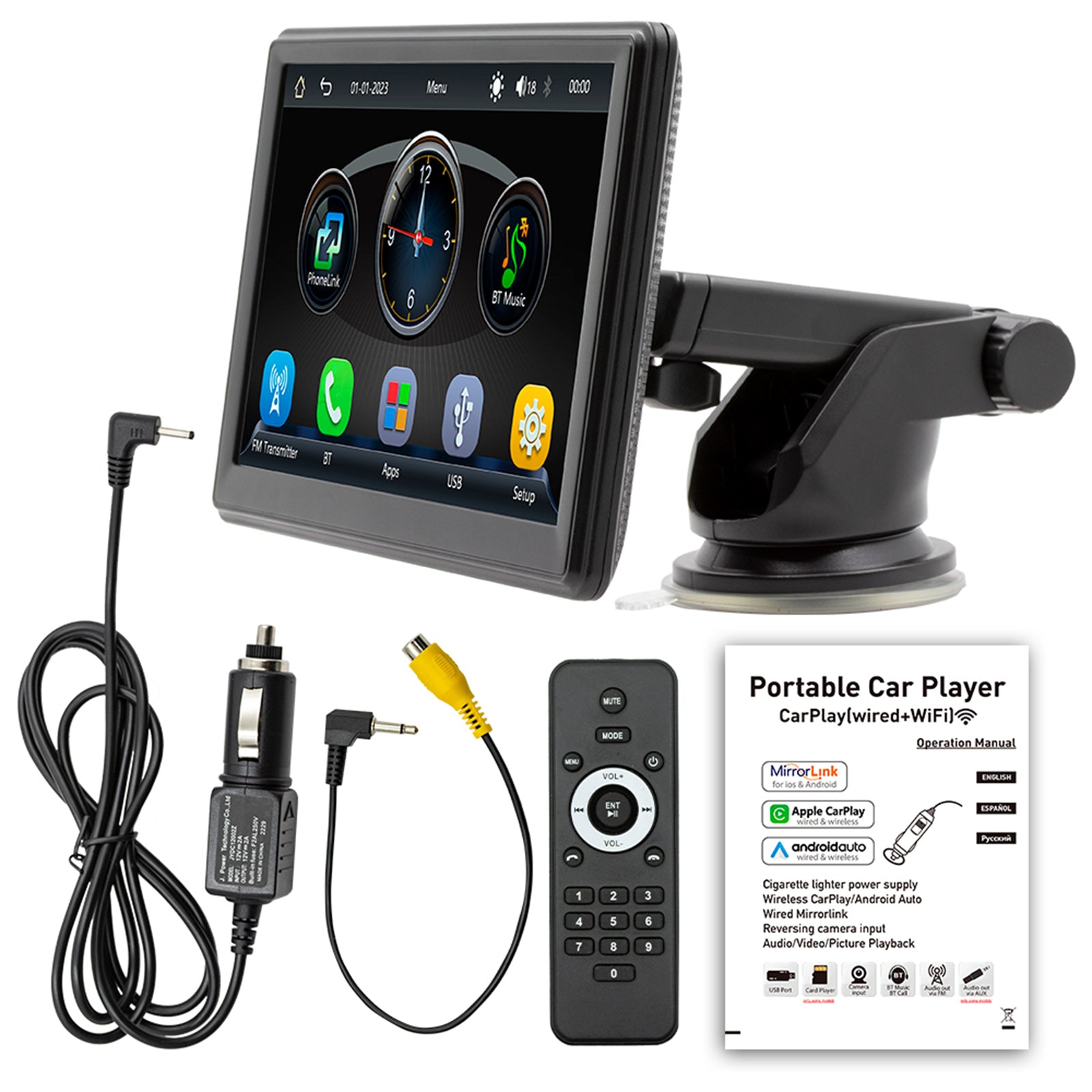 7inch Portable Wireless Carplay Car MP5 Player Bluetooth Stereo Radio 4 LED Camera
