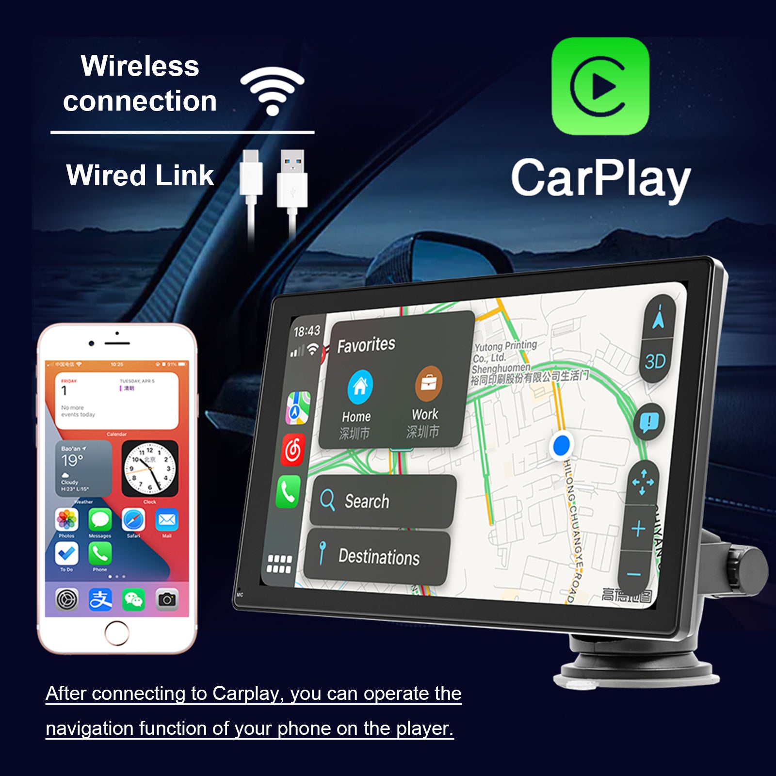 9inch  Car MP5 Player Apple Carplay/Android Auto Car Bluetooth Radio + 4 LED Camera