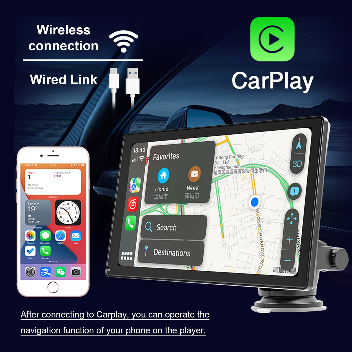 9inch  Car MP5 Player Apple Carplay/Android Auto Car Bluetooth Radio + 4 LED Camera