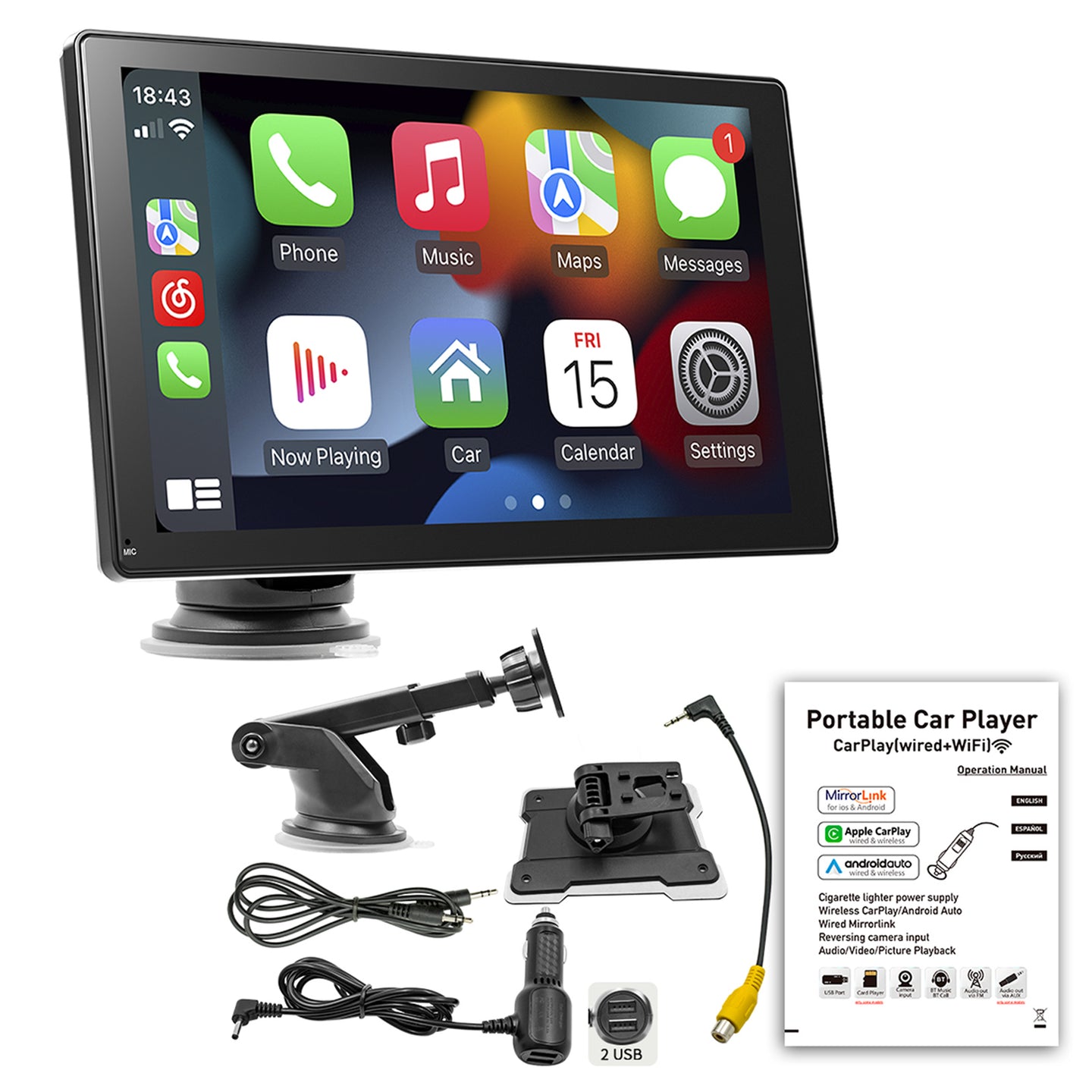 9inch  Car MP5 Player Apple Carplay/Android Auto Car Bluetooth Radio + 4 LED Camera