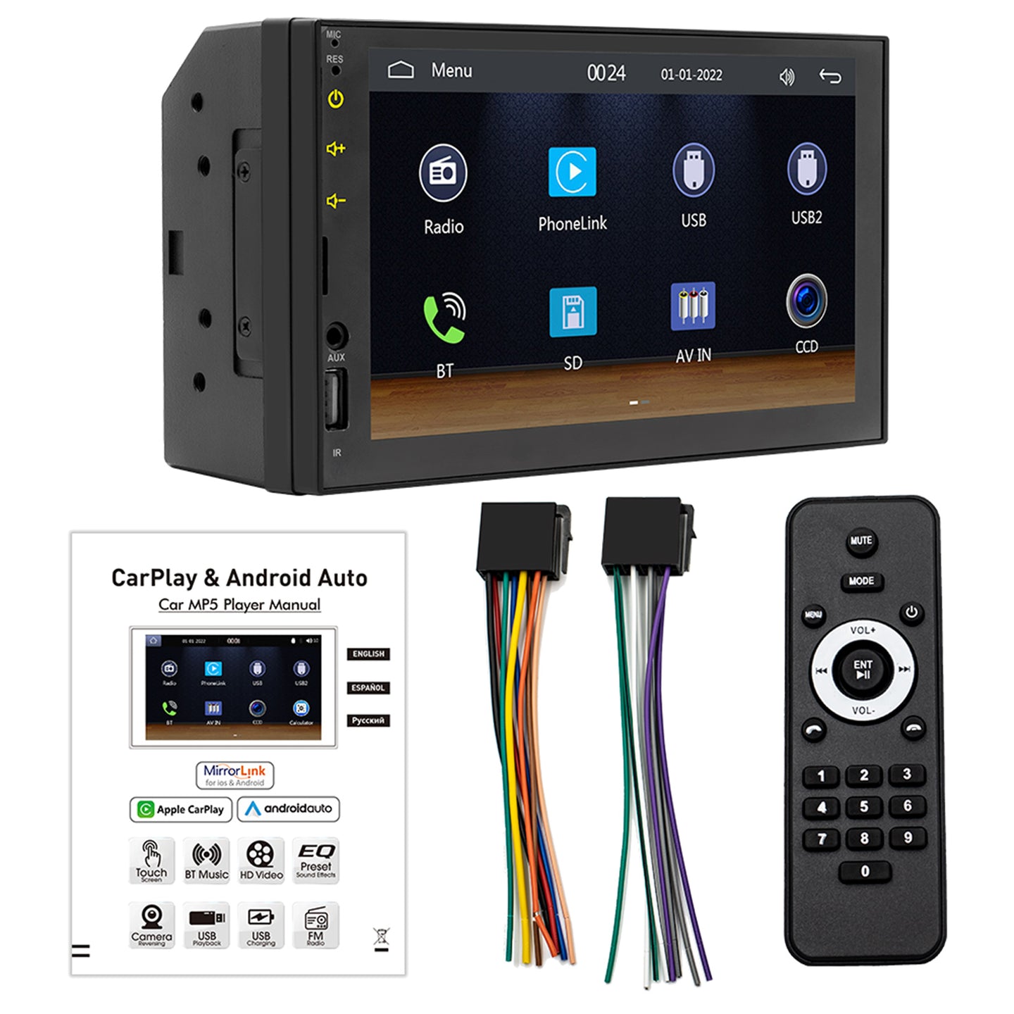 7inch Wired Carplay Car MP5 Player Bluetooth MP3 Car Card Radio+ 4 LED Camera
