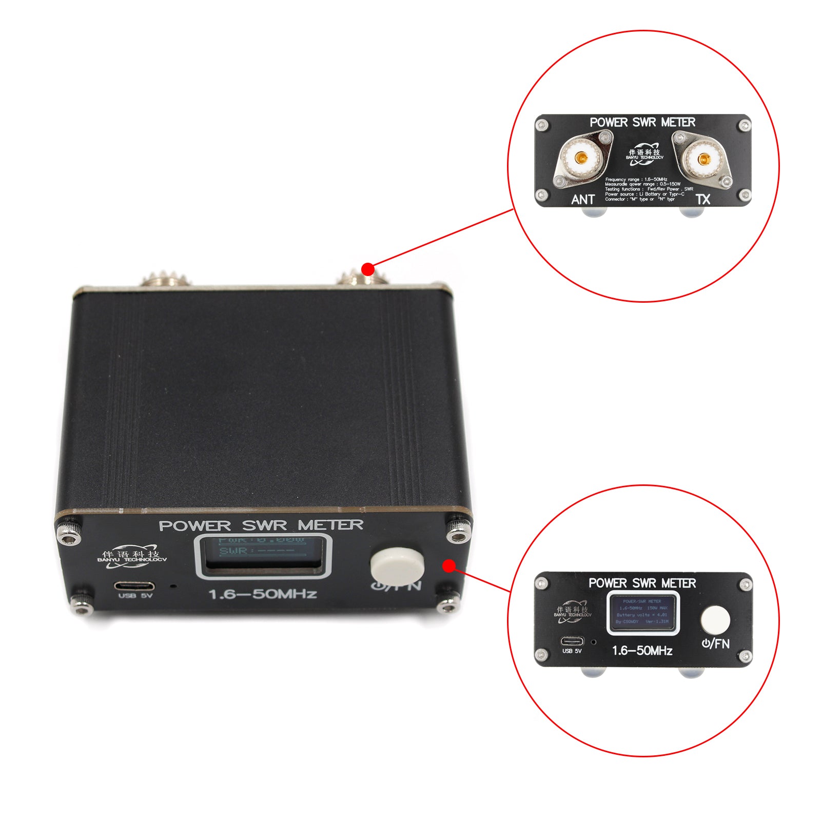 QRP 150W 1.6-50MHz SWR HF Shortwave Standing Wave Meter Power Meter FM/AM/CW/SSB