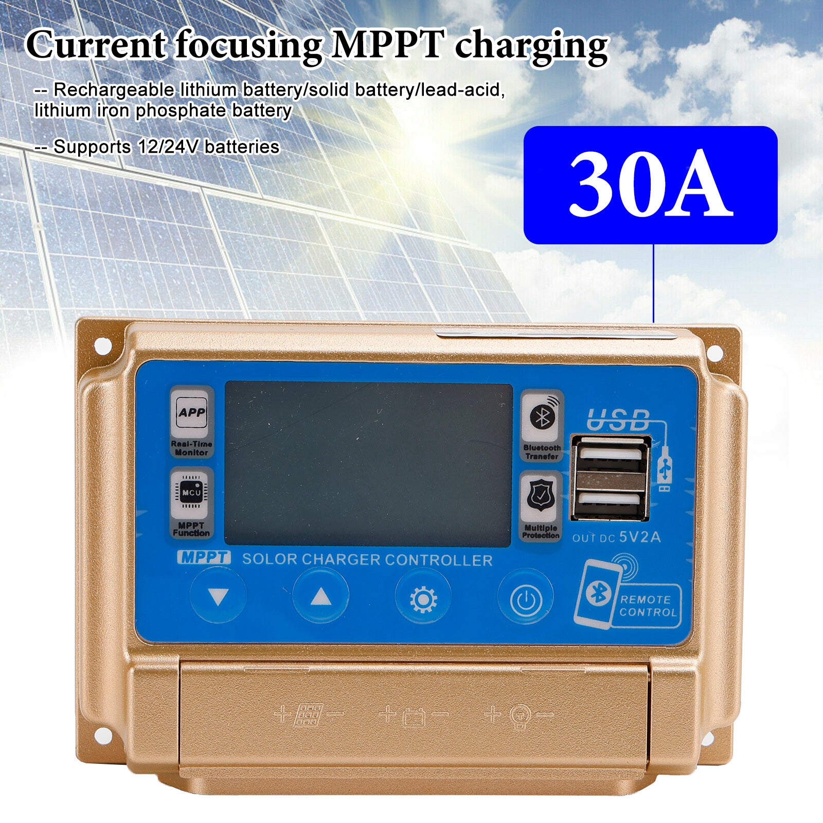 30A MPPT Bluetooth APP Solar Charge Controller Charger Fits 12V/24V Battery Gold