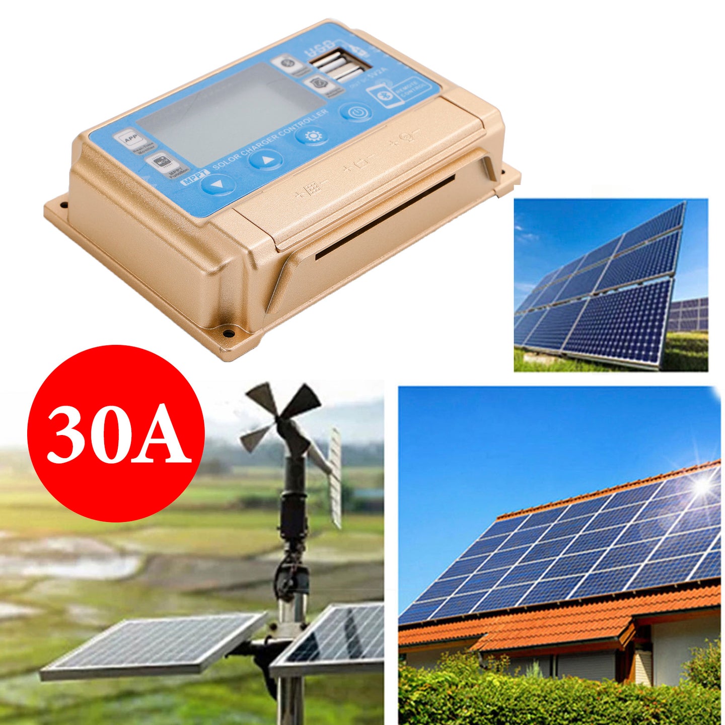 30A MPPT Bluetooth APP Solar Charge Controller Charger Fits 12V/24V Battery Gold