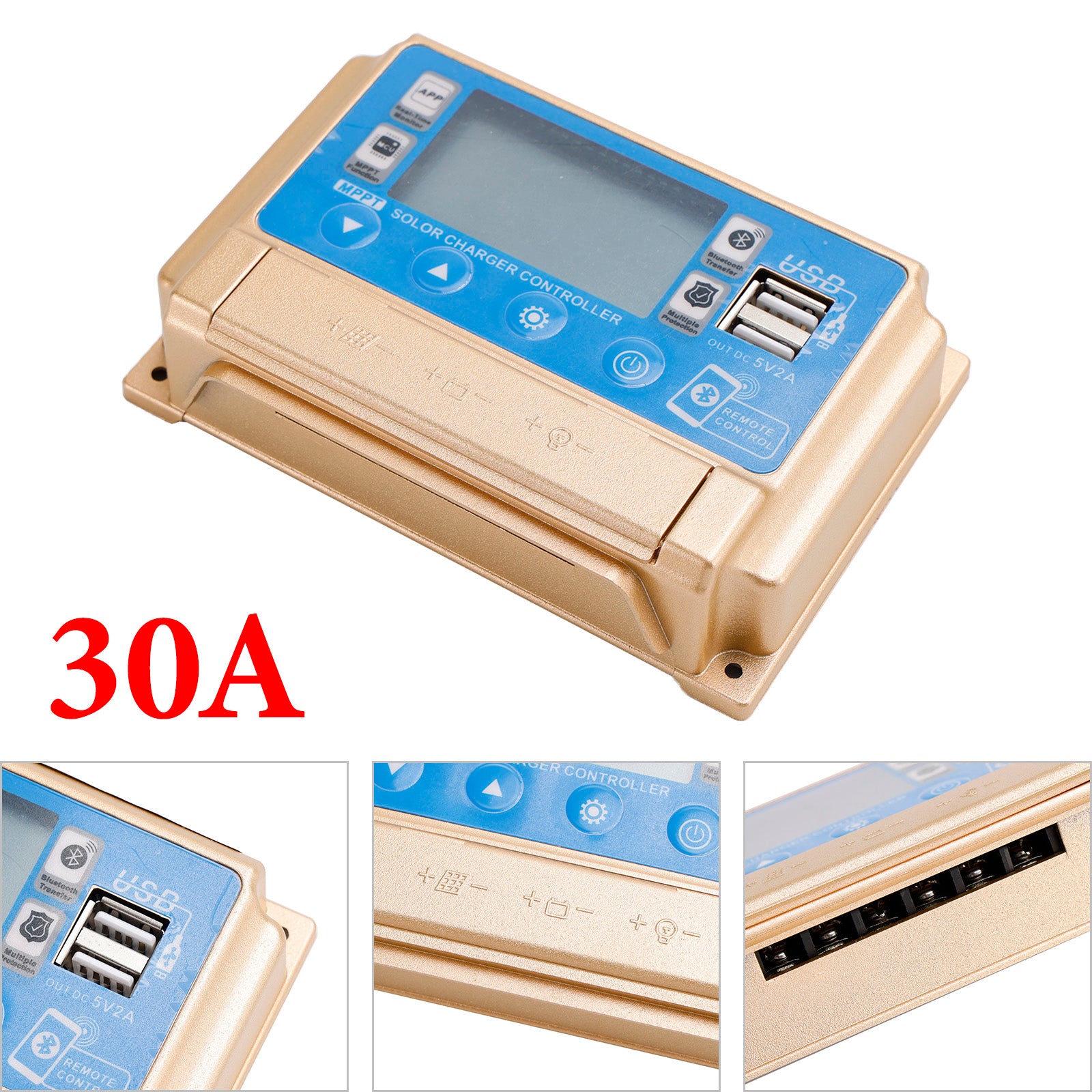 30A MPPT Bluetooth APP Solar Charge Controller Charger Fits 12V/24V Battery Gold