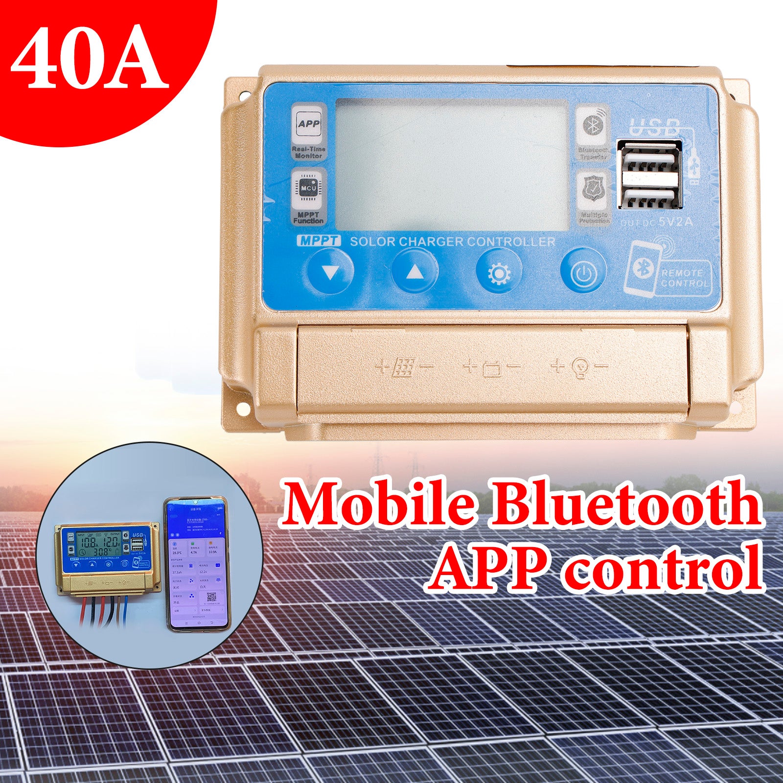 40A MPPT Bluetooth APP Solar Charge Controller Charger Fits 12V/24V Battery Gold