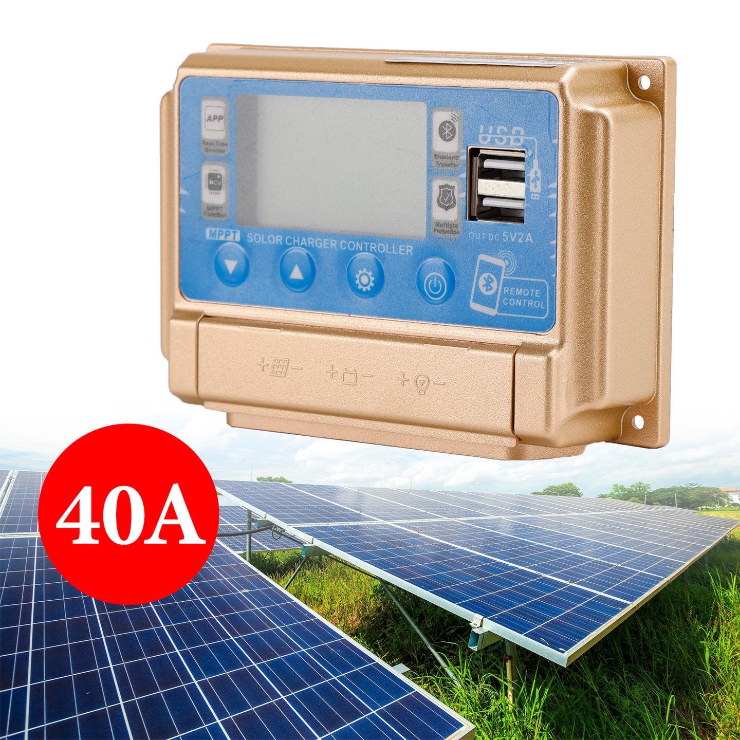 40A MPPT Bluetooth APP Solar Charge Controller Charger Fits 12V/24V Battery Gold