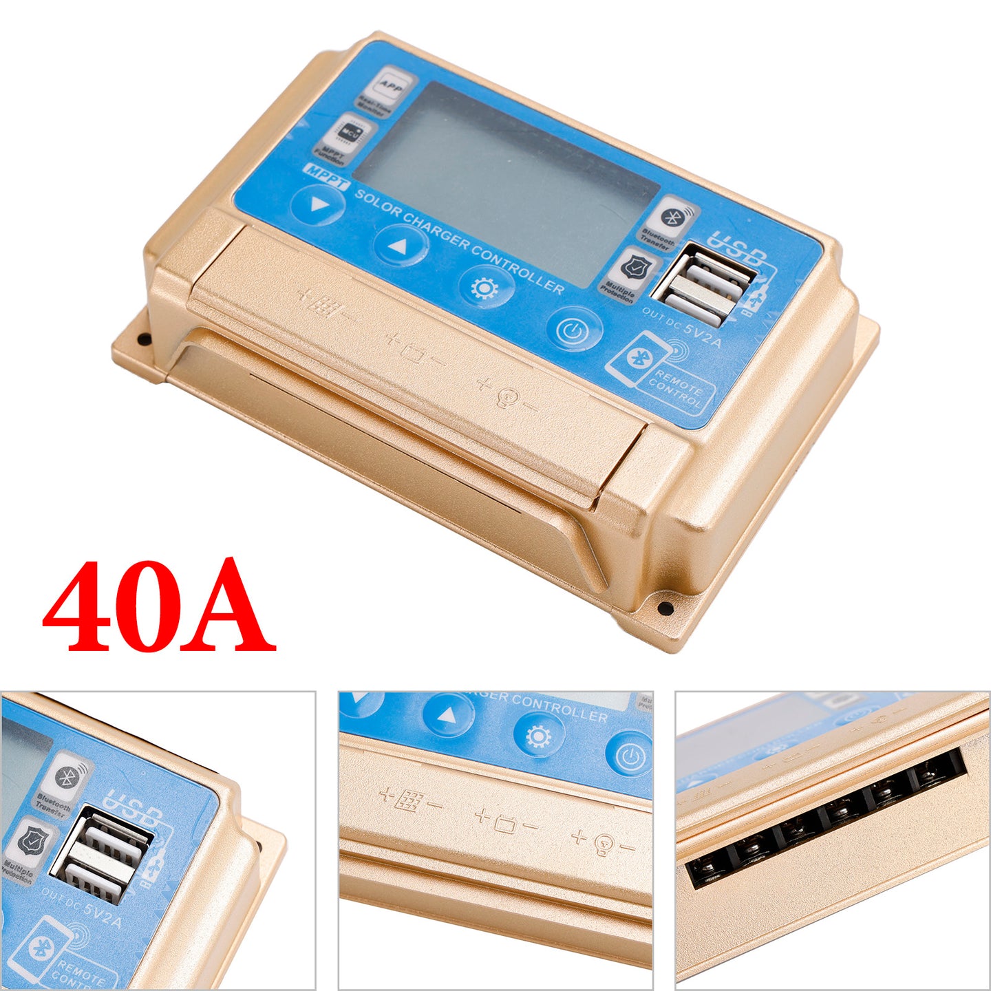 40A MPPT Bluetooth APP Solar Charge Controller Charger Fits 12V/24V Battery Gold