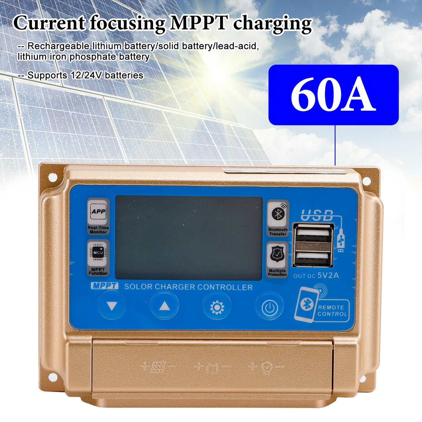 60A MPPT Bluetooth APP Solar Charge Controller Charger Fits 12V/24V Battery Gold