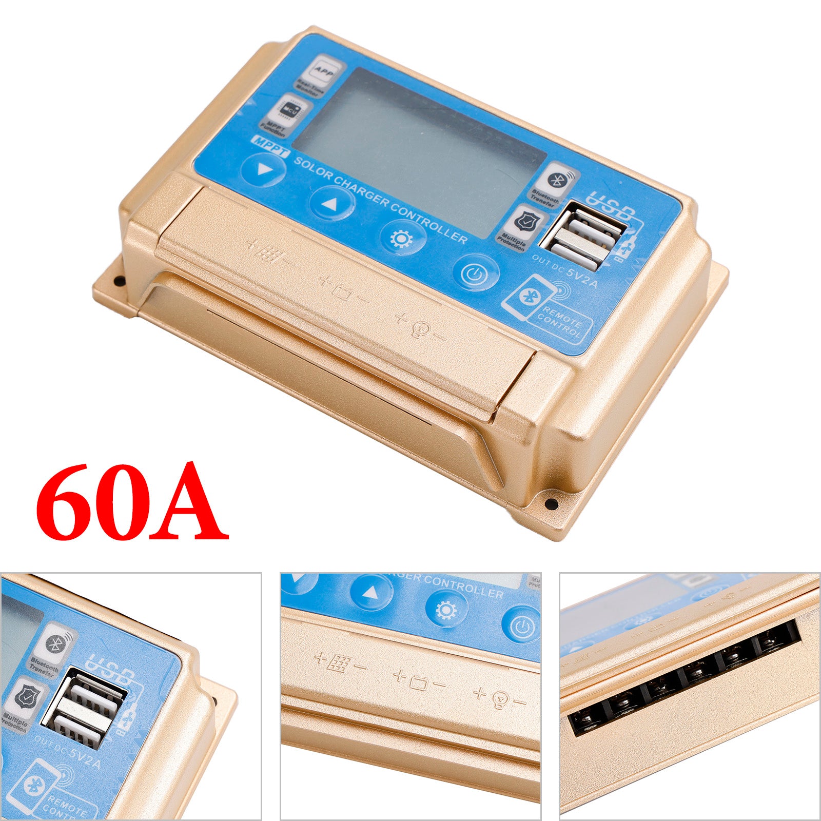 60A MPPT Bluetooth APP Solar Charge Controller Charger Fits 12V/24V Battery Gold