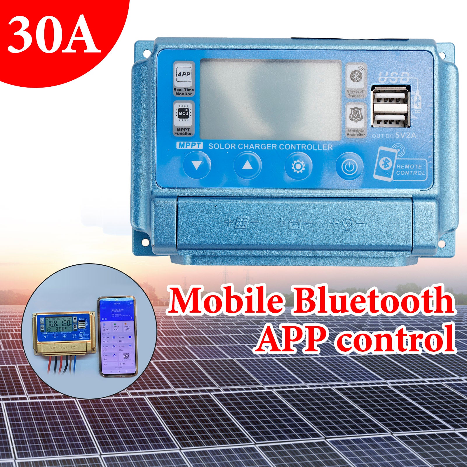 30A MPPT Bluetooth APP Solar Charge Controller Charger Fits 12V-60V Battery Blue