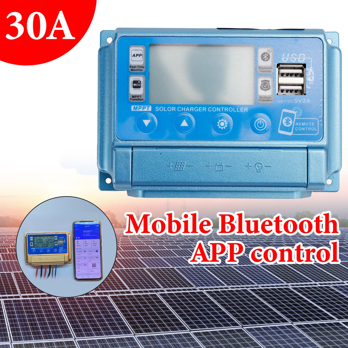 30A MPPT Bluetooth APP Solar Charge Controller Charger Fits 12V-60V Battery Blue
