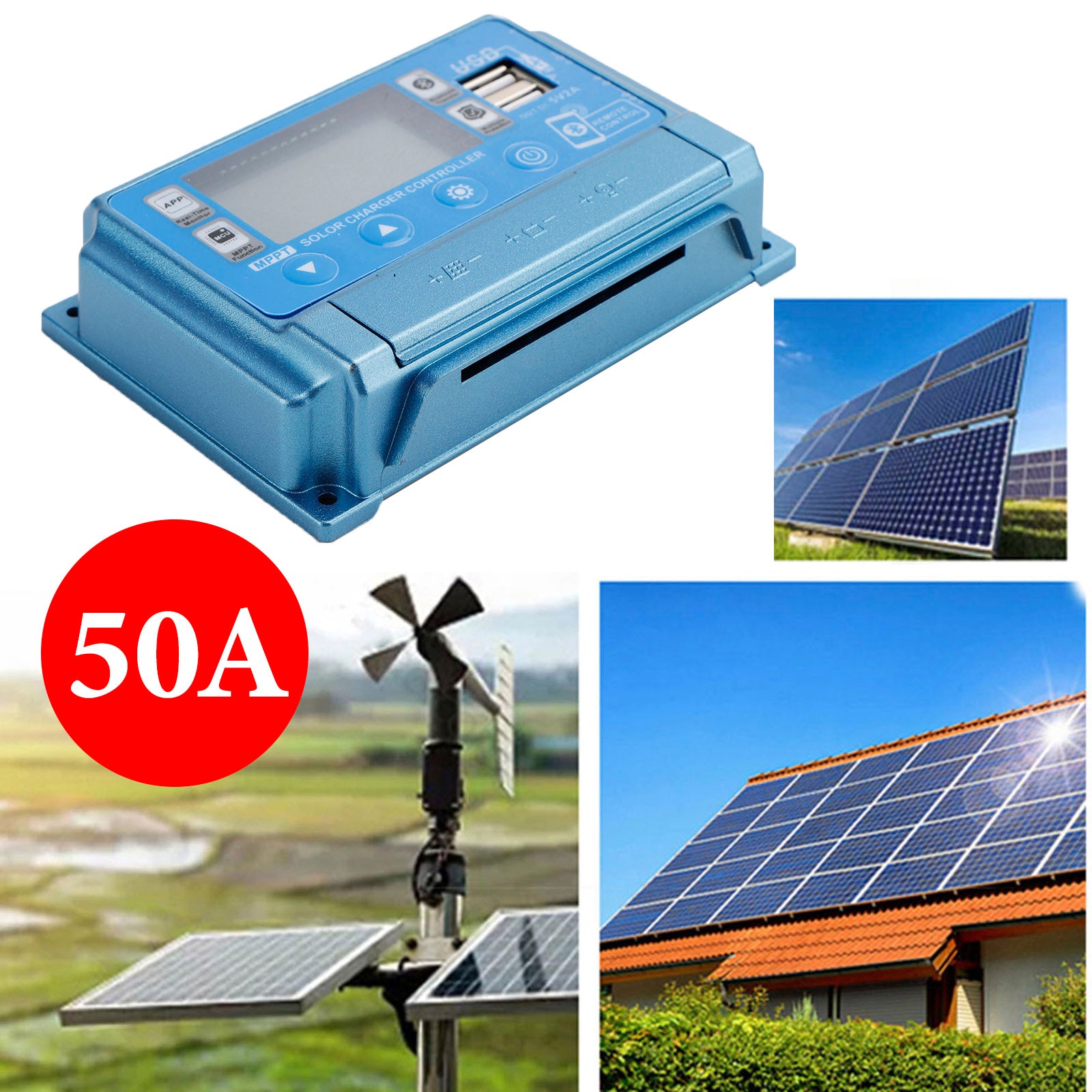 50A MPPT Bluetooth APP Solar Charge Controller Charger Fits 12V-60V Battery Blue