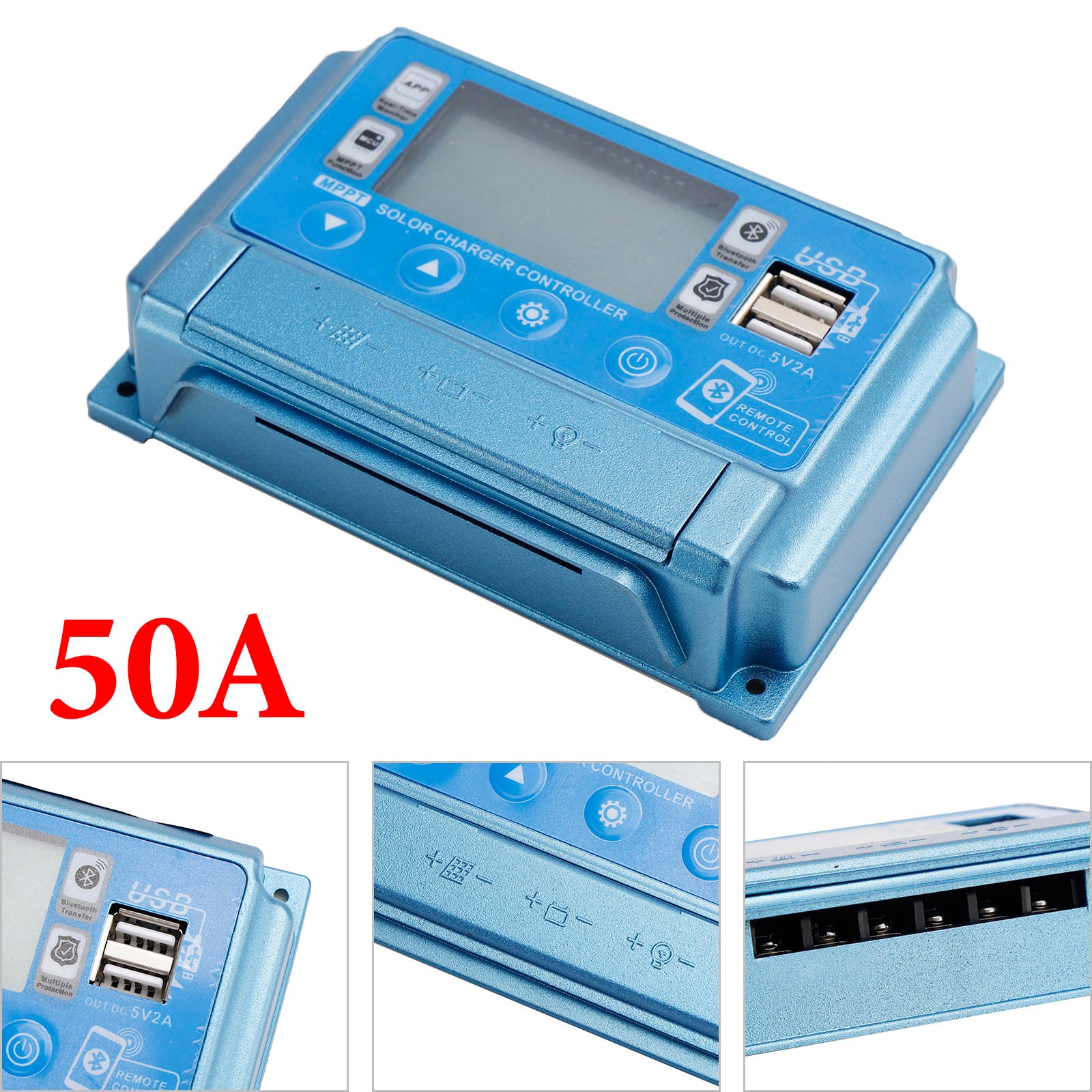50A MPPT Bluetooth APP Solar Charge Controller Charger Fits 12V-60V Battery Blue