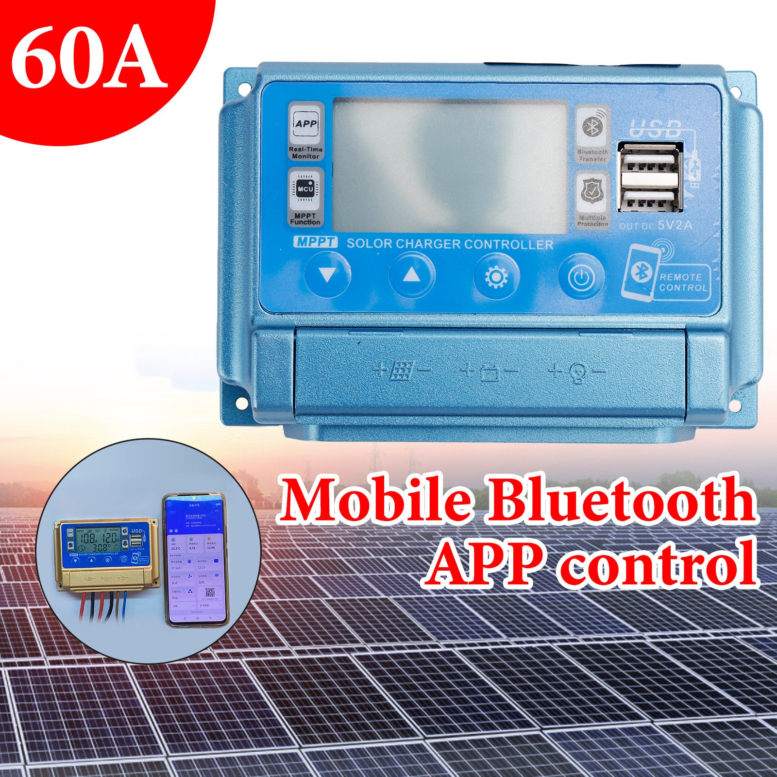 60A MPPT Bluetooth APP Solar Charge Controller Charger Fits 12V-60V Battery Blue