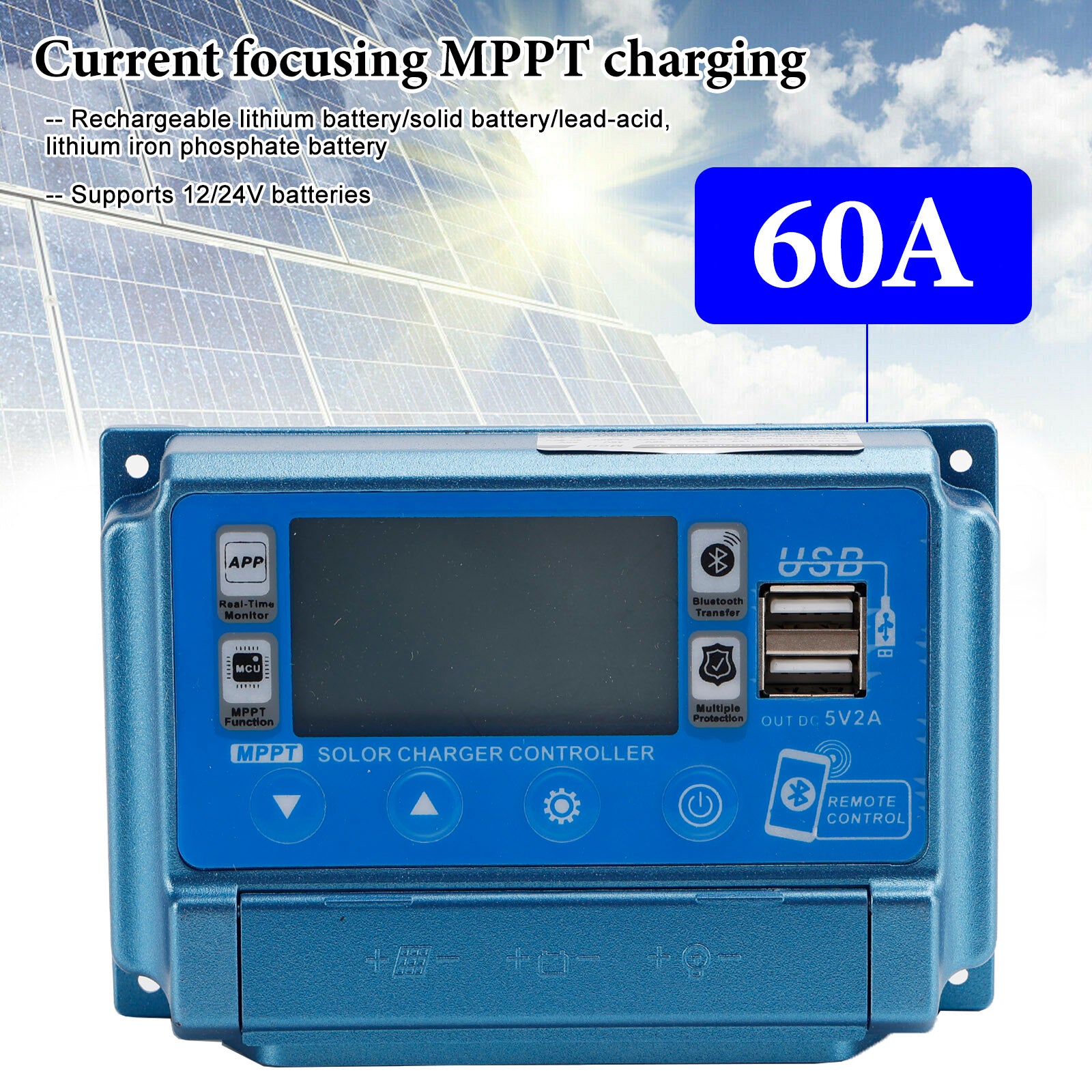 60A MPPT Bluetooth APP Solar Charge Controller Charger Fits 12V-60V Battery Blue