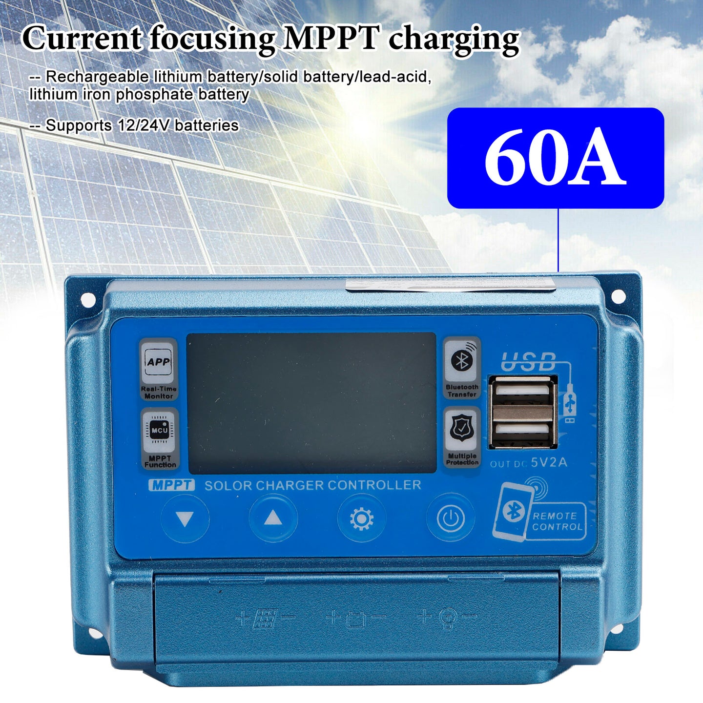 60A MPPT Bluetooth APP Solar Charge Controller Charger Fits 12V-60V Battery Blue