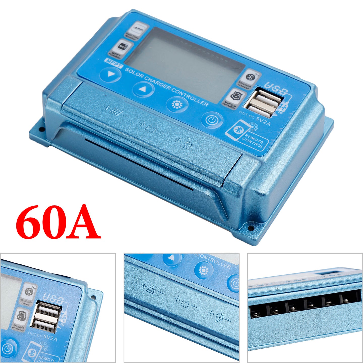 60A MPPT Bluetooth APP Solar Charge Controller Charger Fits 12V-60V Battery Blue