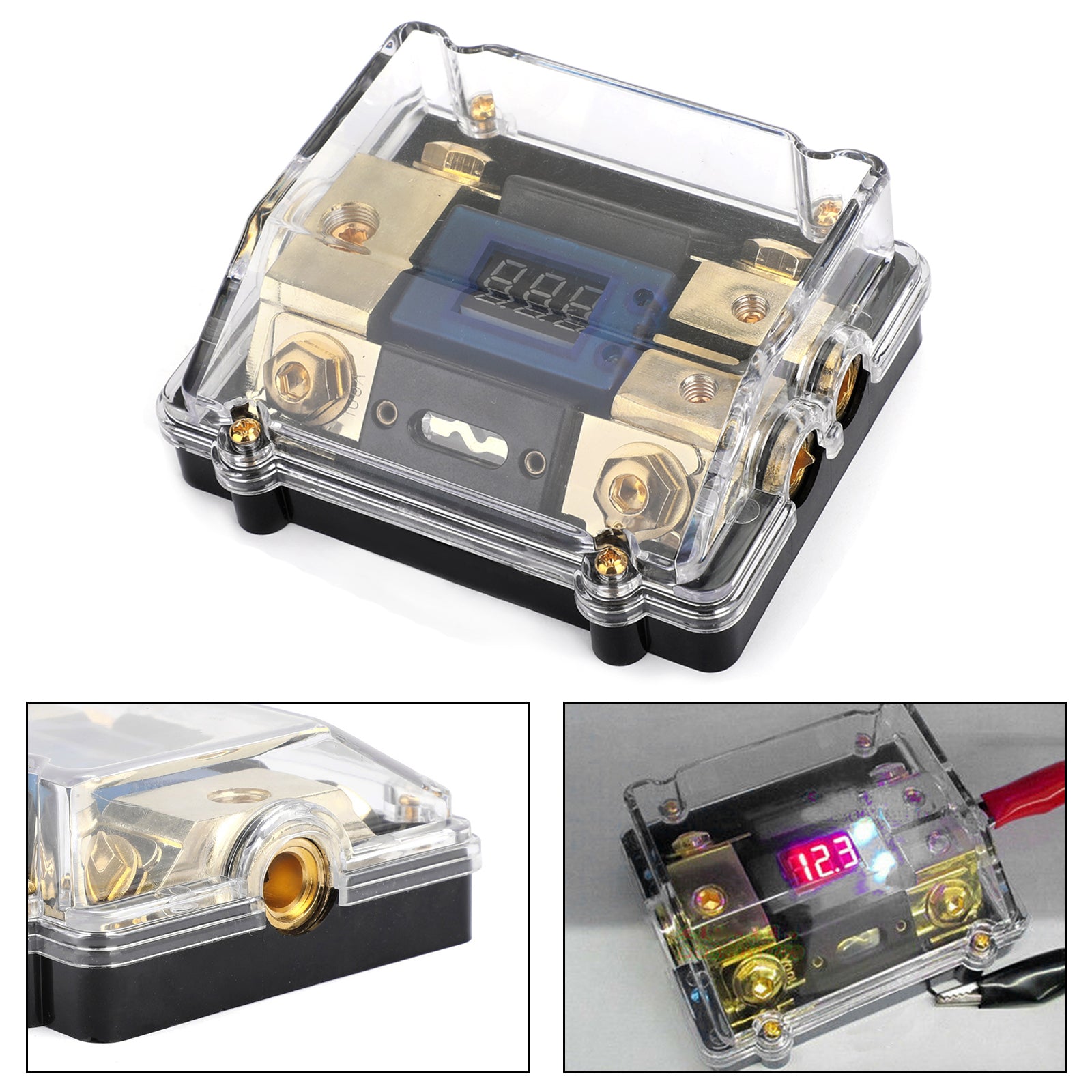 LED Display 1x0 IN 2x4GA OUT Distribution Block Fuse Holder Clear Cover Nickel Plated Splitter Heat resistant plastic housing for Car Audio Marine