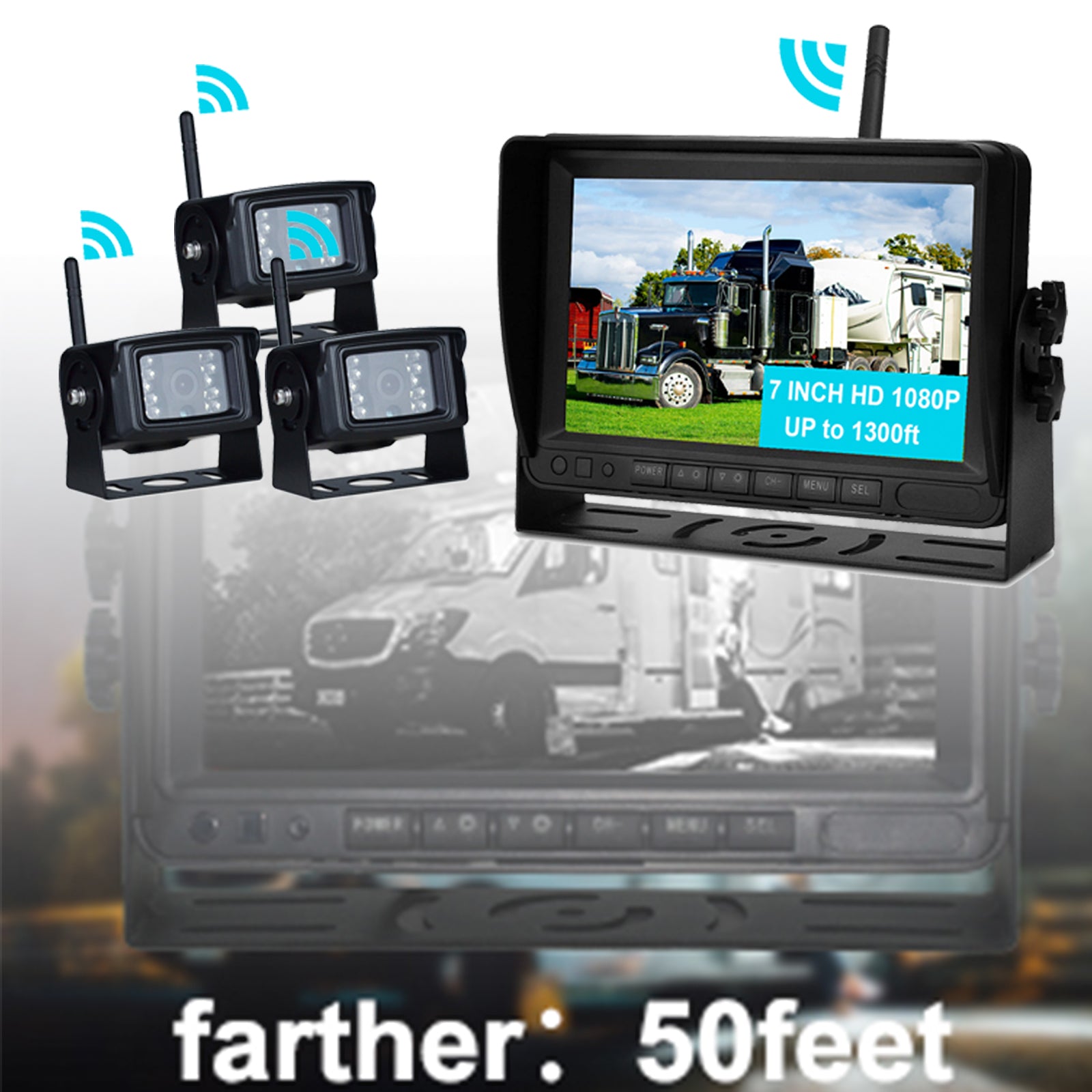 3 Camera Wireless AHD 1080P Backup Camera System with 7" Split Screen Monitor & DVR Recording for Truck, RV, Trailer