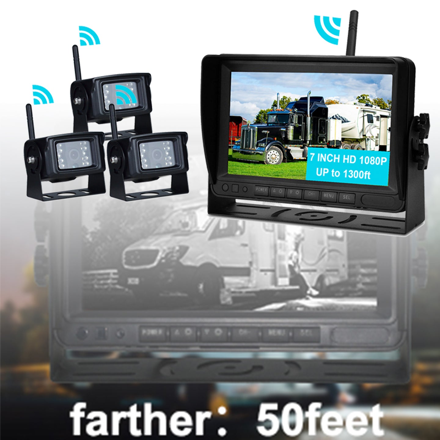 3 Camera Wireless AHD 1080P Backup Camera System with 7" Split Screen Monitor & DVR Recording for Truck, RV, Trailer