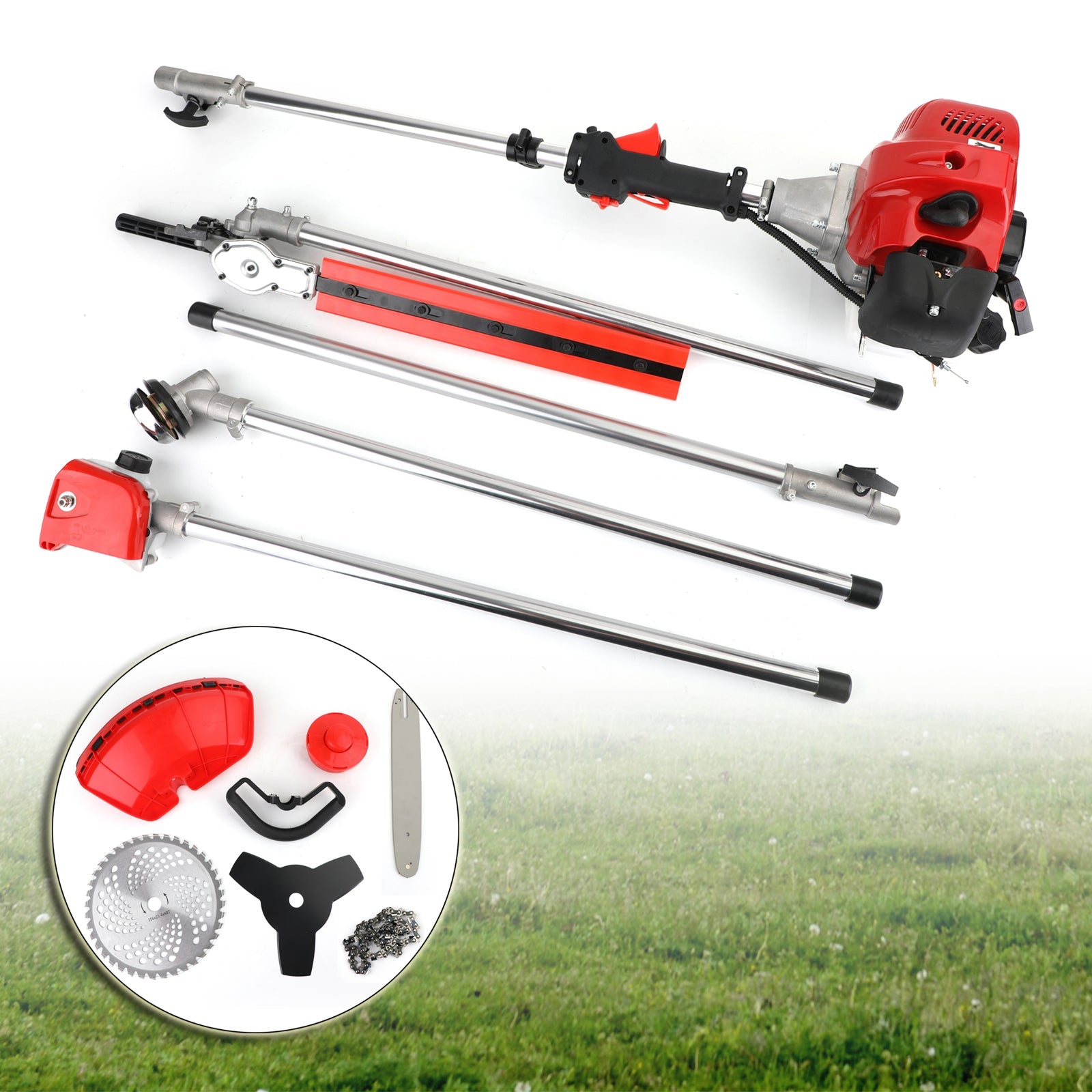 5 in 1 Multi-Functional Trimming Tool, 52CC 2-Cycle Garden Tool with Extension Pole Saw, Hedge, Grass Trimmer and Brush Cutter