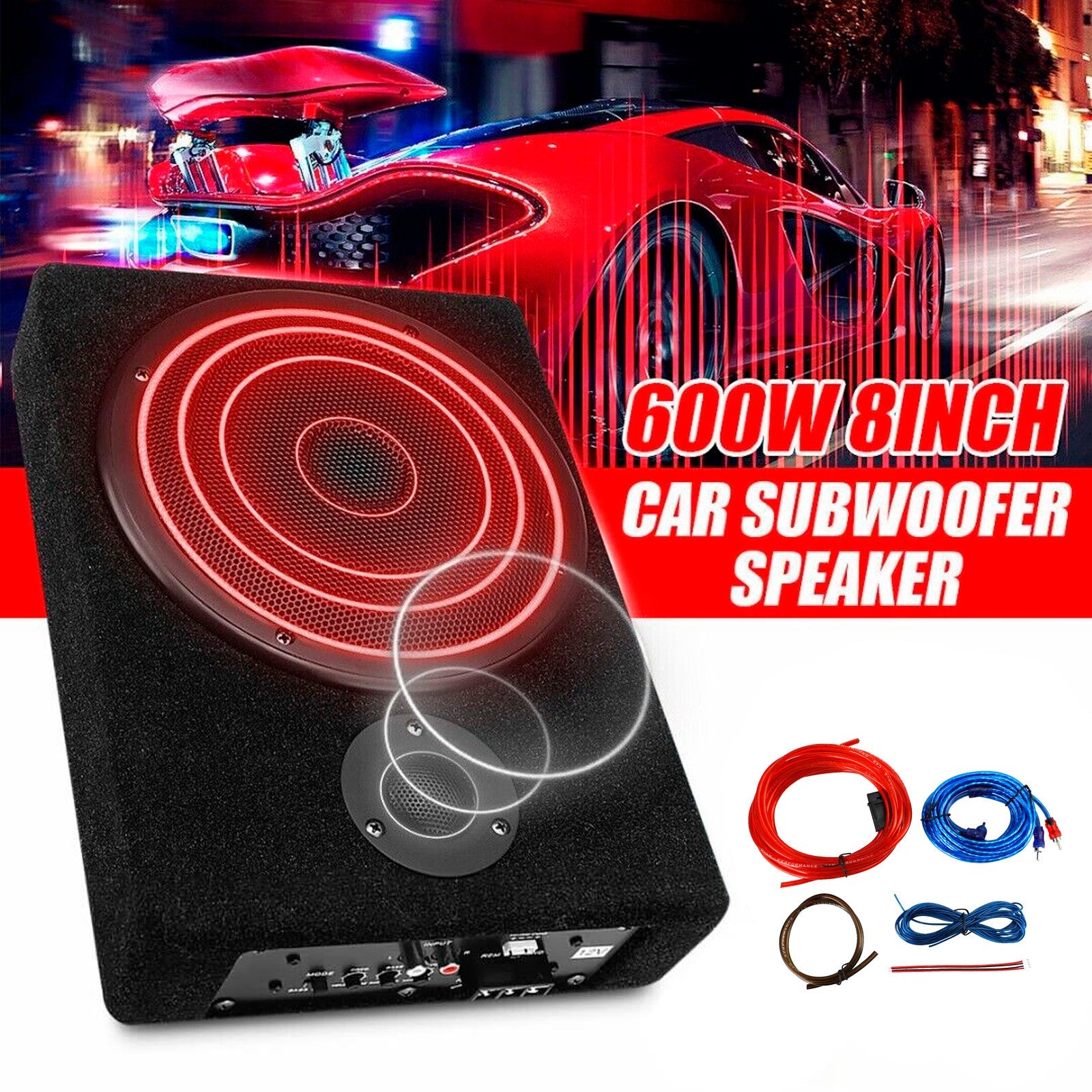 8" 600W Under-Seat Car Subwoofer with Built-in Amplifier – Slim Powered Sub Woofer Bass Speaker Box, Universal 12V Car Audio (US)