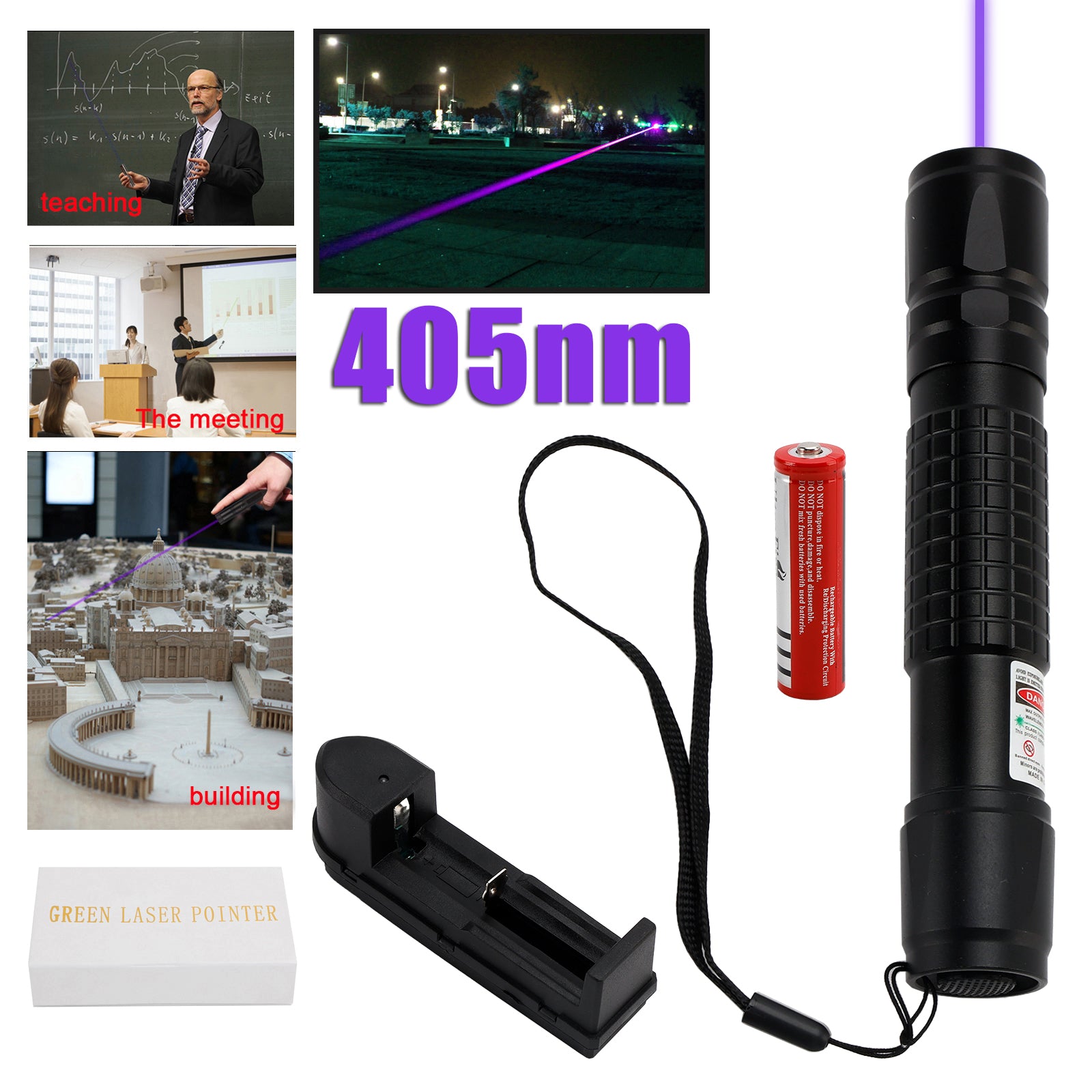 Portable 405nm Blue Purple Laser Pointer – 5mW Visible Beam Pen Light, 18650 Battery