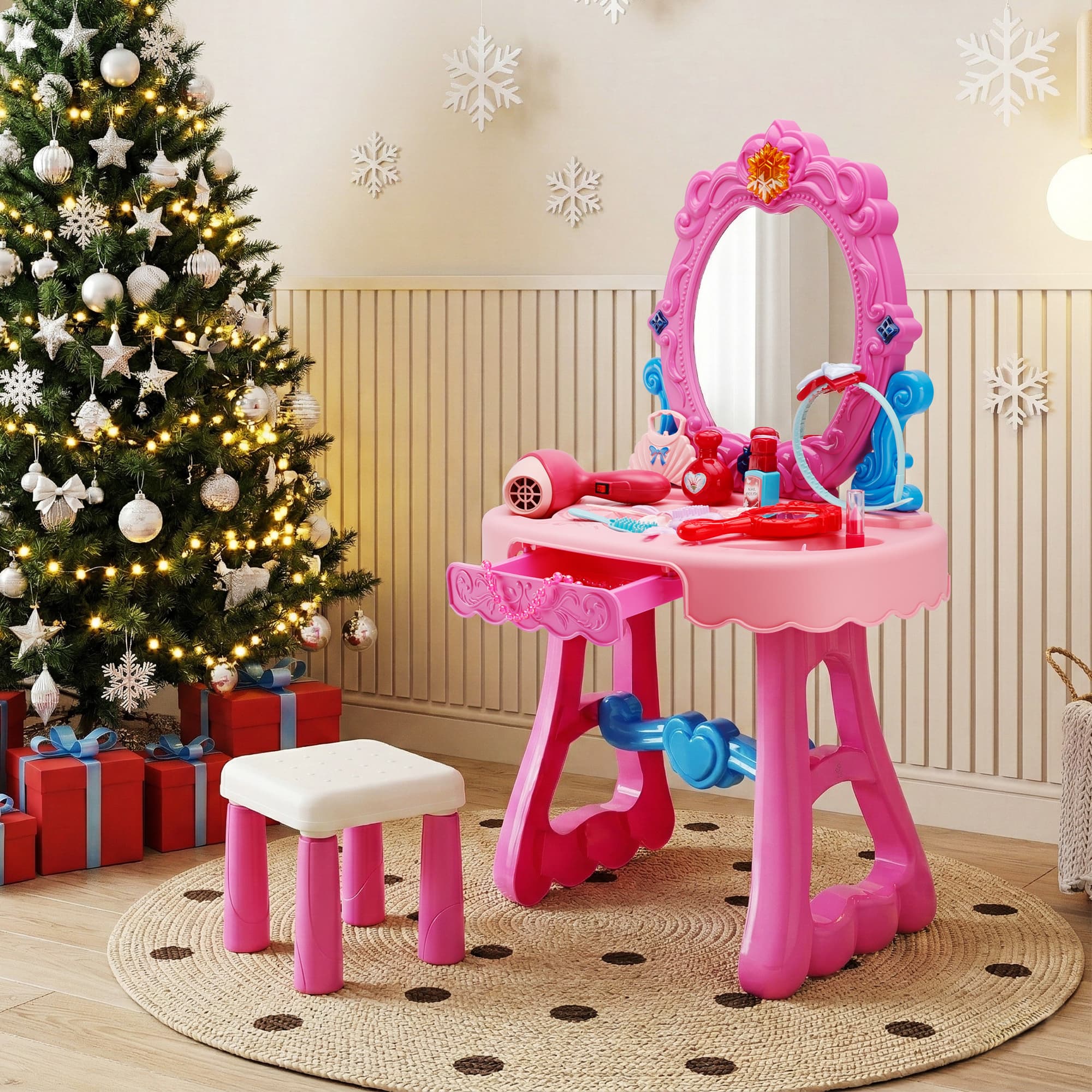 Toddler Makeup Table with Mirror and Chair Kids Vanity Set with Blowdryer for 3+