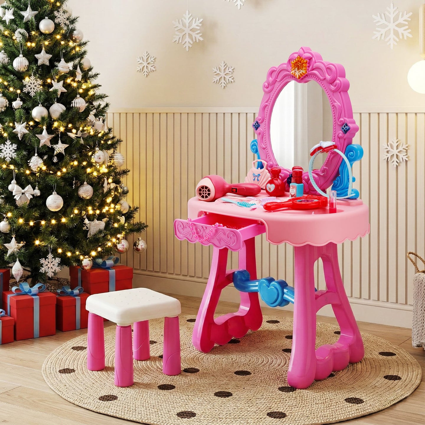 Toddler Makeup Table with Mirror and Chair Kids Vanity Set with Blowdryer for 3+
