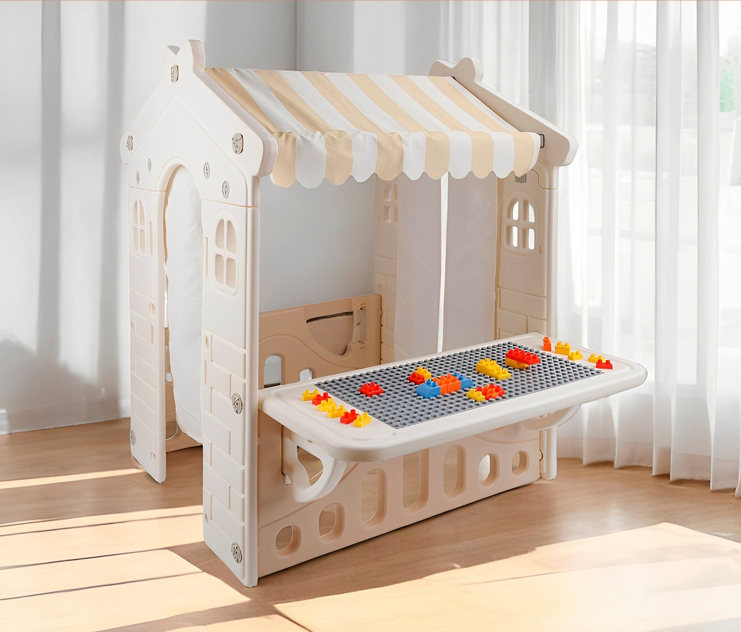 Kids Plastic Outdoor Playhouse with Lights & Building Blocks – Toddler Playhouse Toy for Backyard & Garden Fun