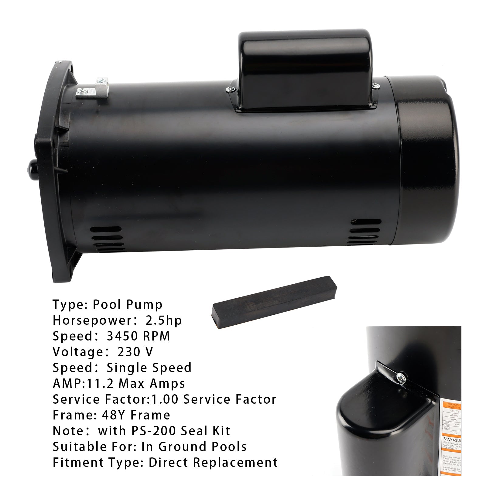 USQ1252 Pool Pump Motor with PS-200 Seal Kit, 2.5 HP, 230V, 48Y Frame, Square Flange