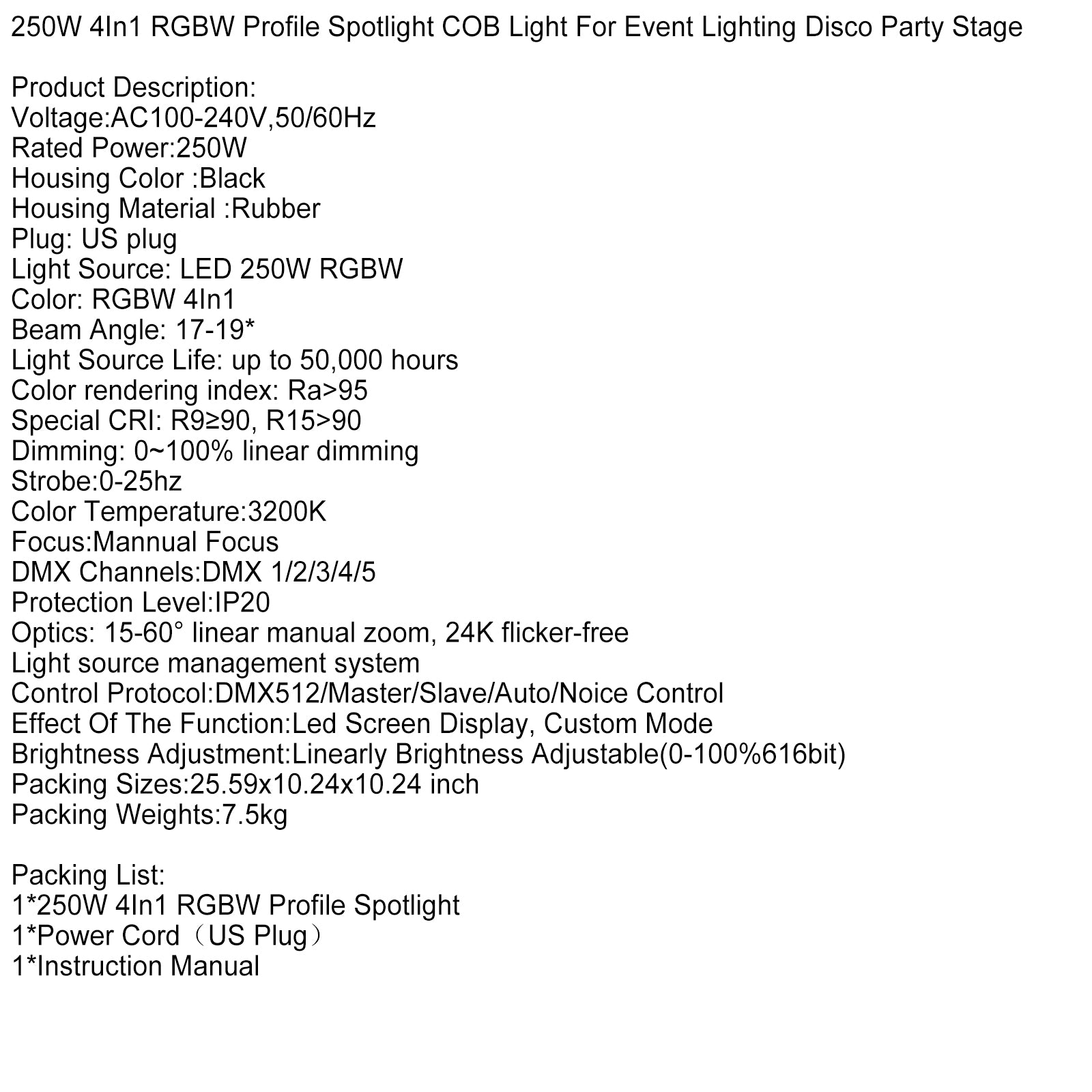 250W COB LED Profile Spotlight, RGBW 4-in-1, High CRI>95 with 15-60° Manual Zoom, DMX Stage Light