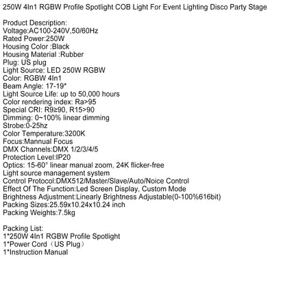 250W COB Profile Spotlight – 4-in-1 RGBW LED Stage Light for Event, Party & Disco Lighting