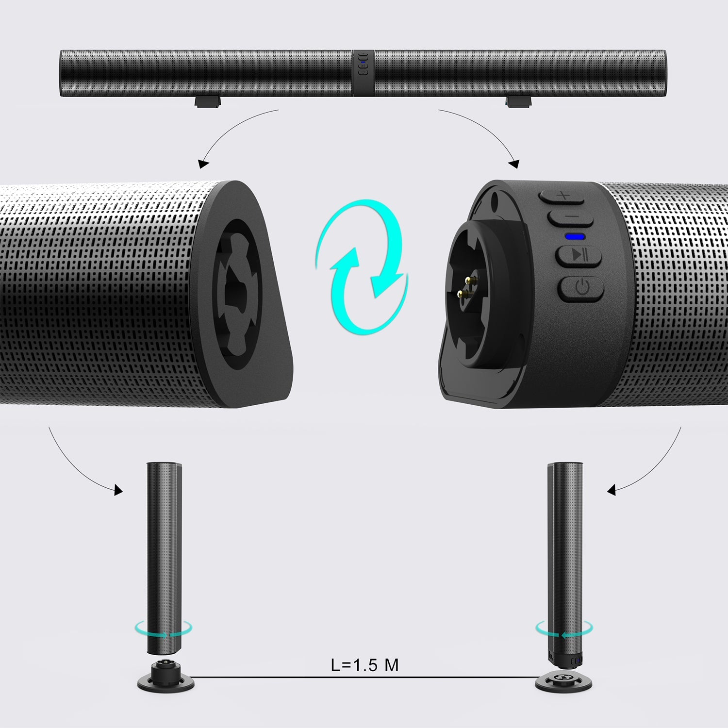 40cm Bluetooth Sound Bar System – Wireless Detachable Subwoofer & 2 Speaker Surround Audio