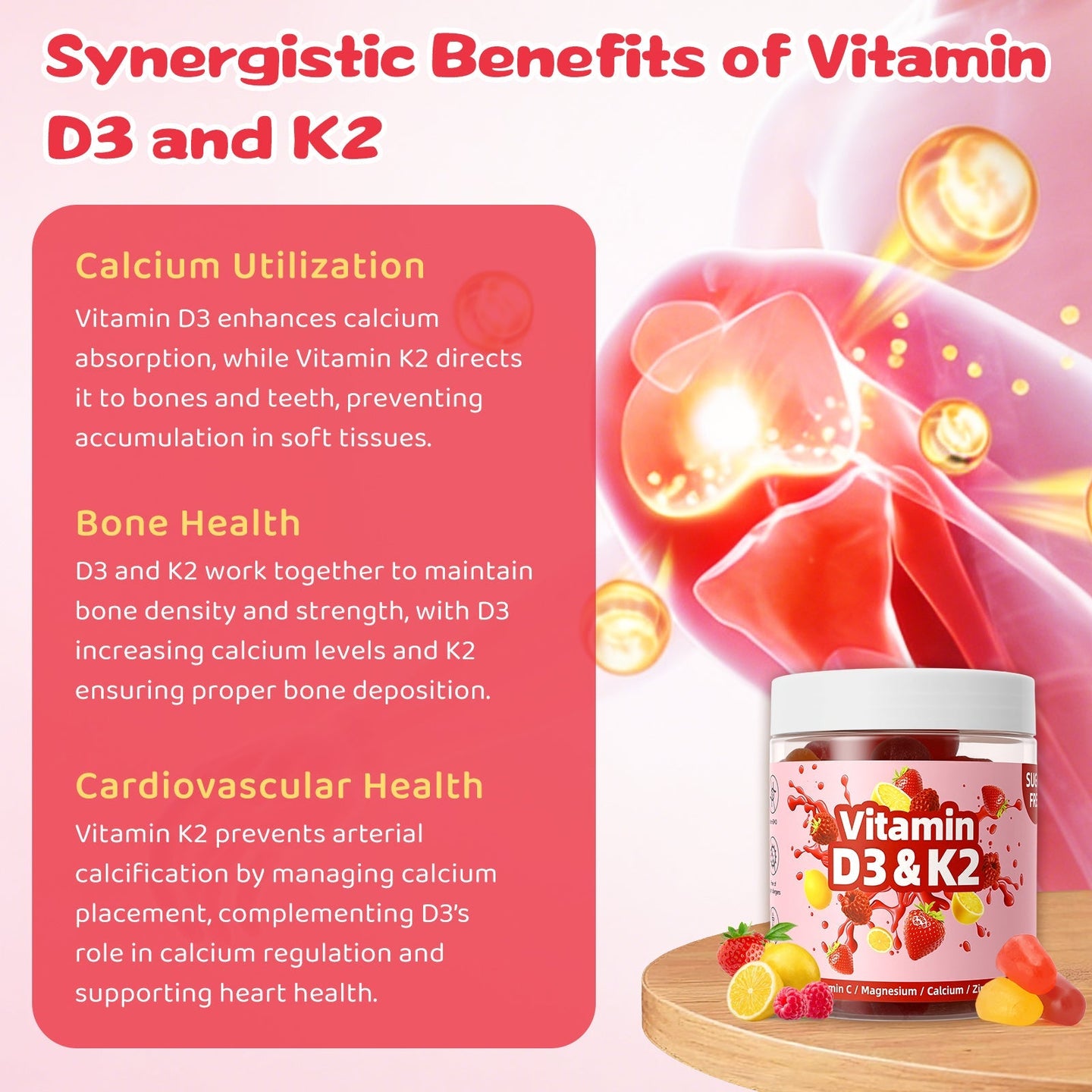 Topteng  Vitamin D3 K2 Gummies with Vitamin C Sugar-Free Omega-3