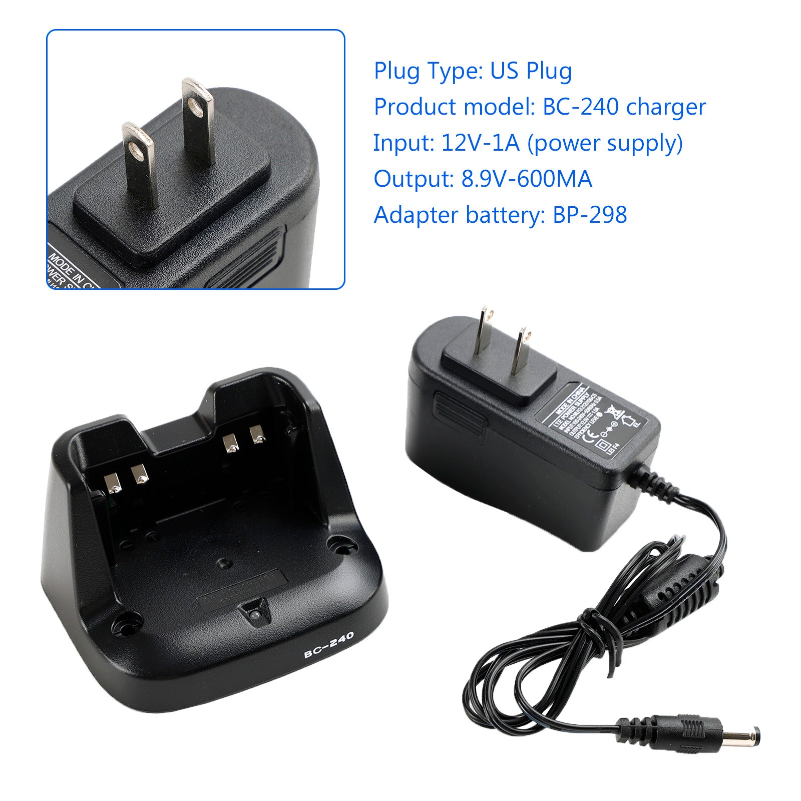 BC-240 Charger BP-298 Battery Fast Rapid Dock Charger for ICOM V86 U86 US Plug