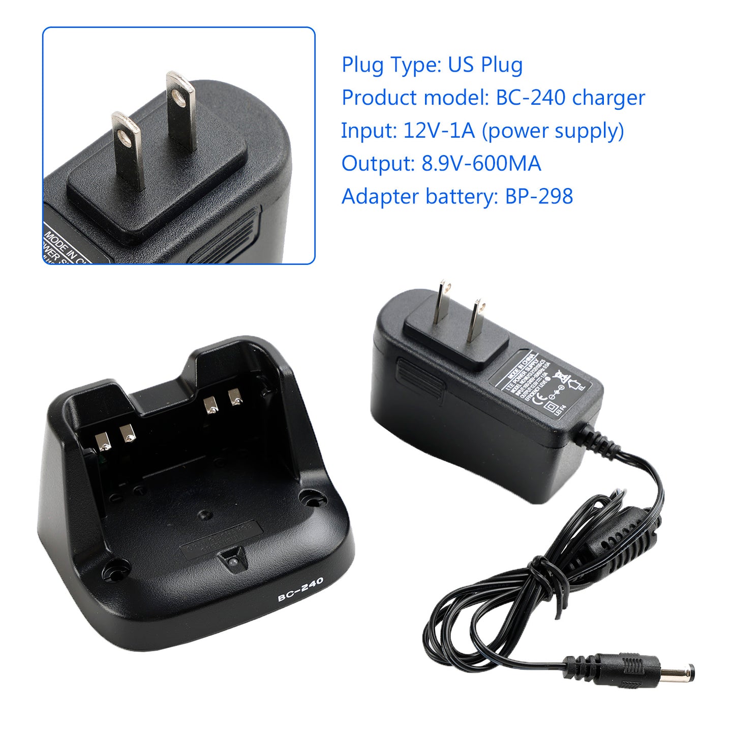 BC-240 Charger BP-298 Battery Fast Rapid Dock Charger for ICOM V86 U86 US Plug