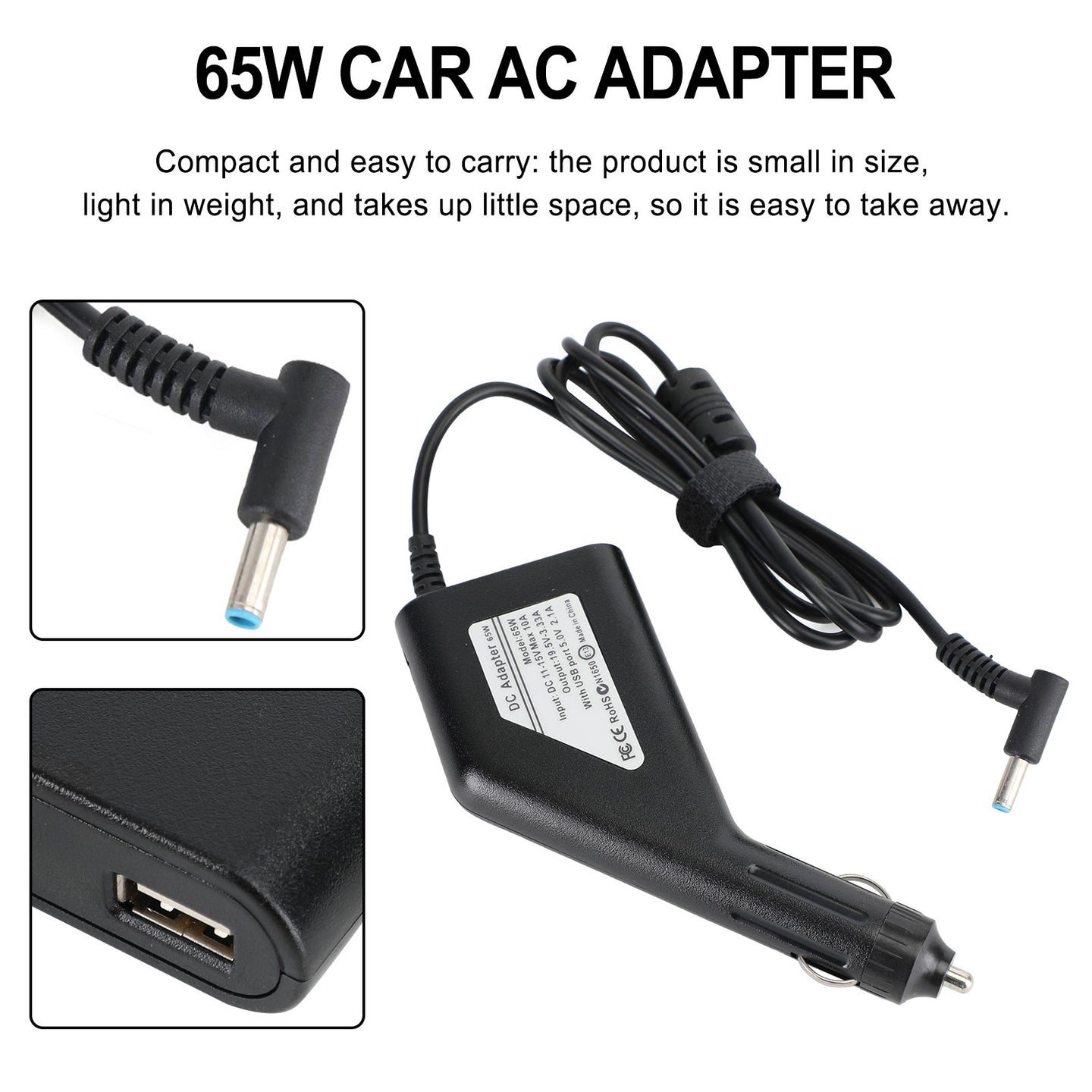 Replacement 65W HP Laptop Charger – 19.5V 3.33A Car & AC Adapter, 4.5x3.0mm