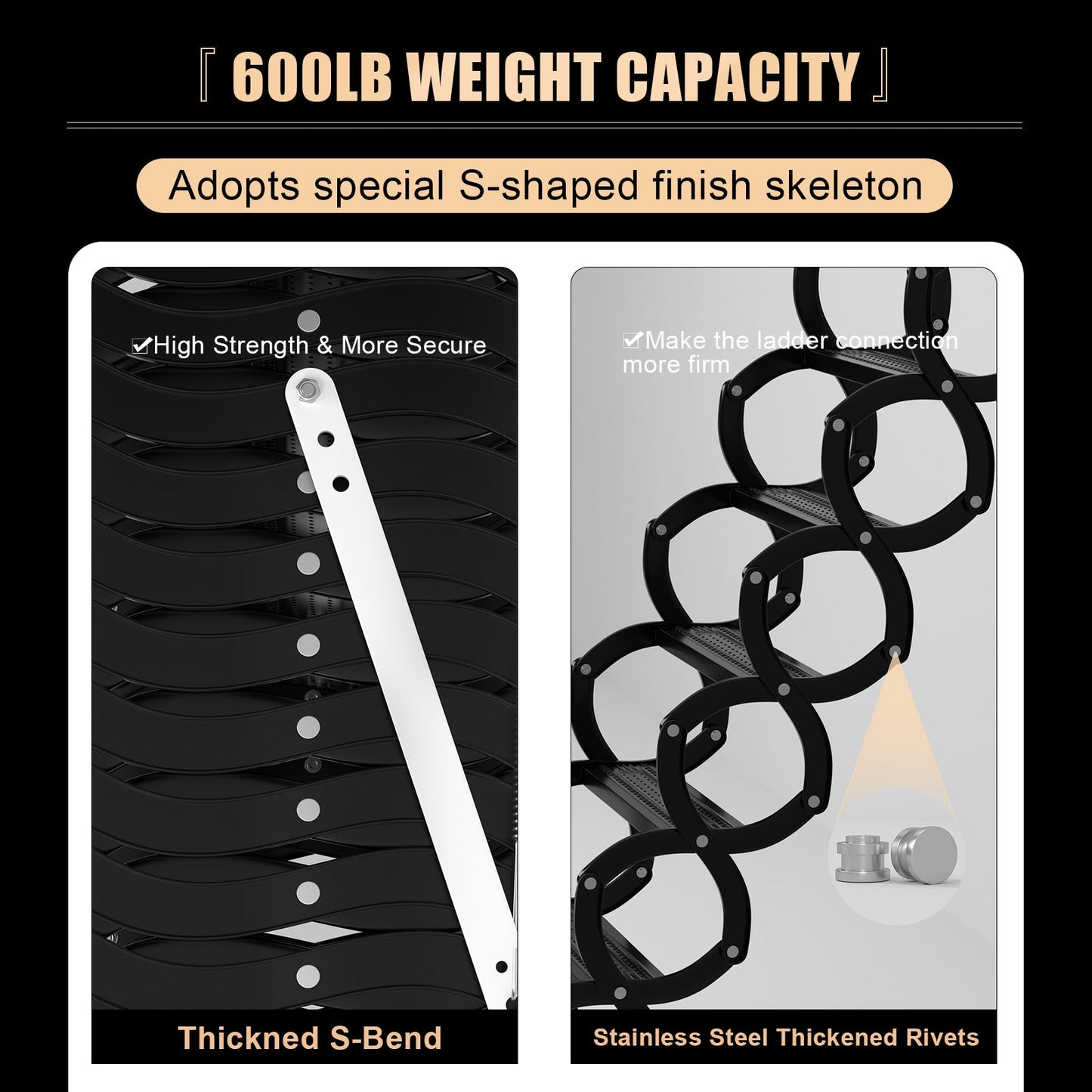 12-Step Folding Attic Ladder for 27.6" x 23.6" Wall Opening, 600 lbs Capacity Pull-Down Loft Stairs, up to 9.84ft Ceiling Height (Black)