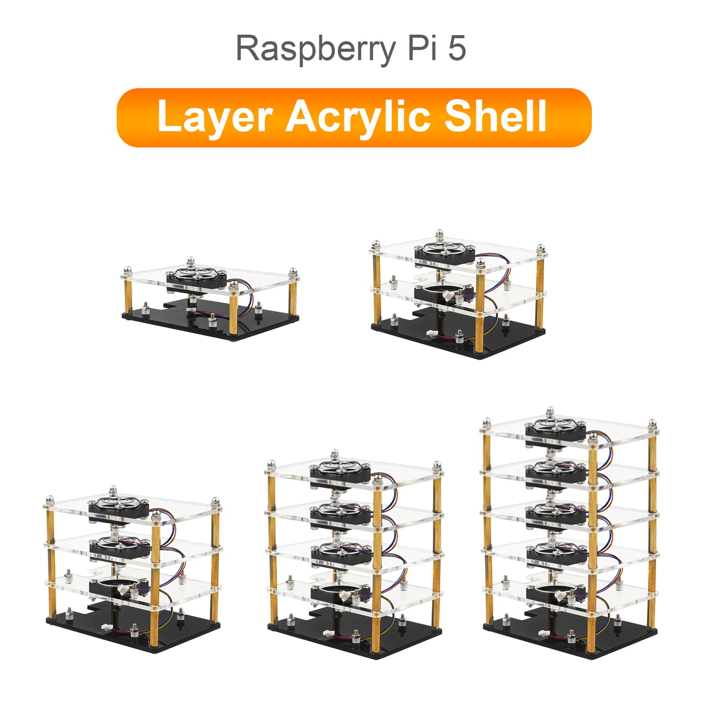 Multi-Layer Acrylic Shell Raspberry pi5 Transparent Protective Case Cooling Fan