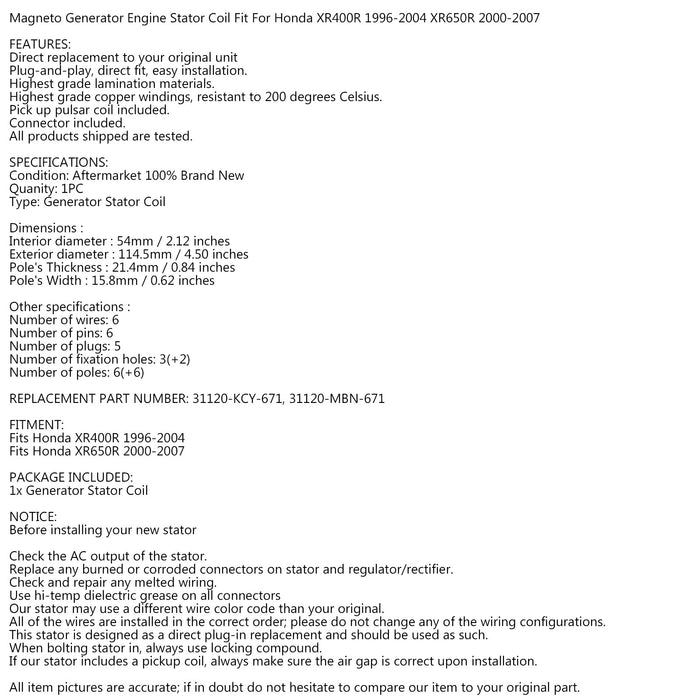1996-2004 Honda XR650R 2000-2007 XR400R Stator Generator Alternator