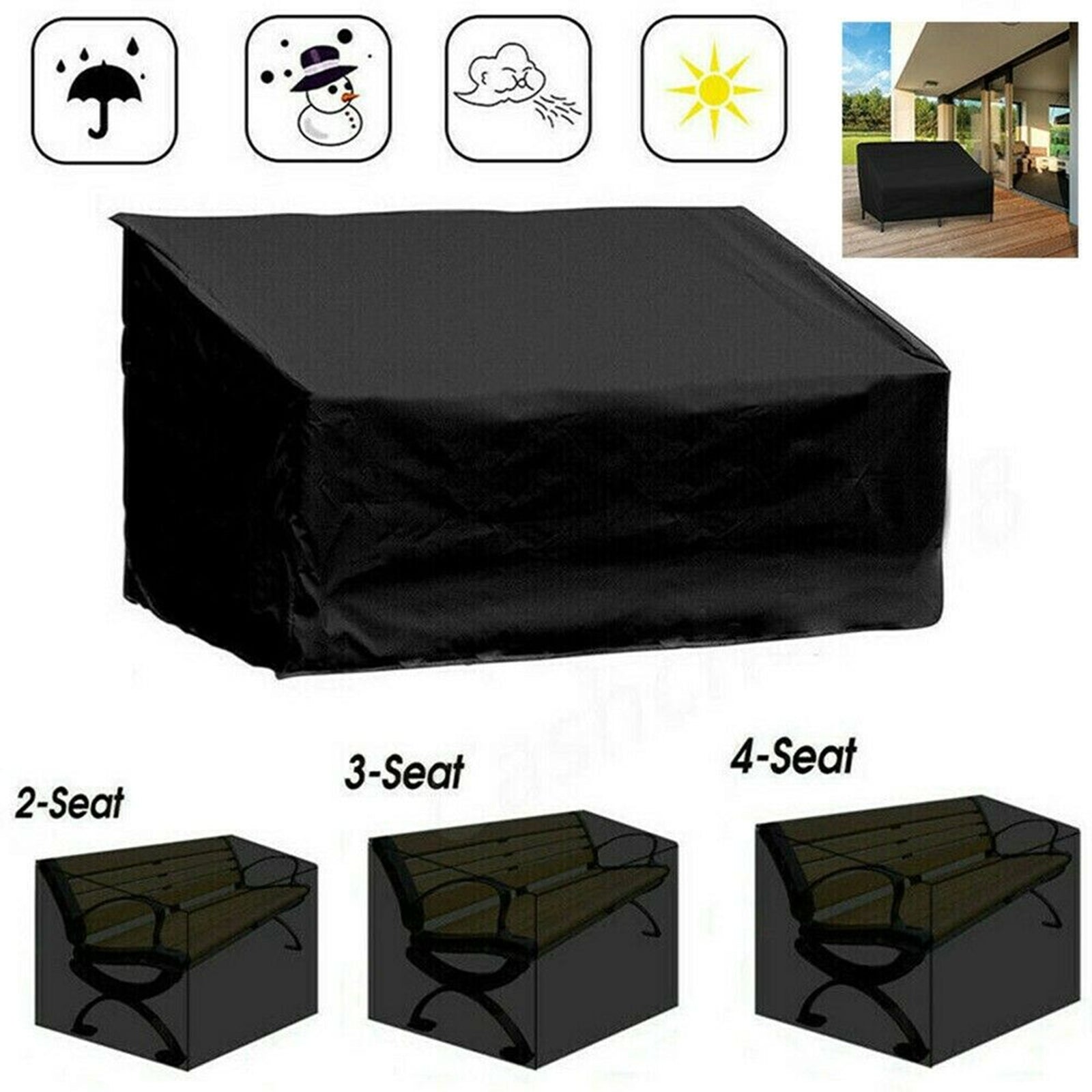 Black Waterproof Heavy Duty Garden Couch Outdoor 2/3/4 Seater Bench Seat Cover, 2Seats 134x66x89cm
