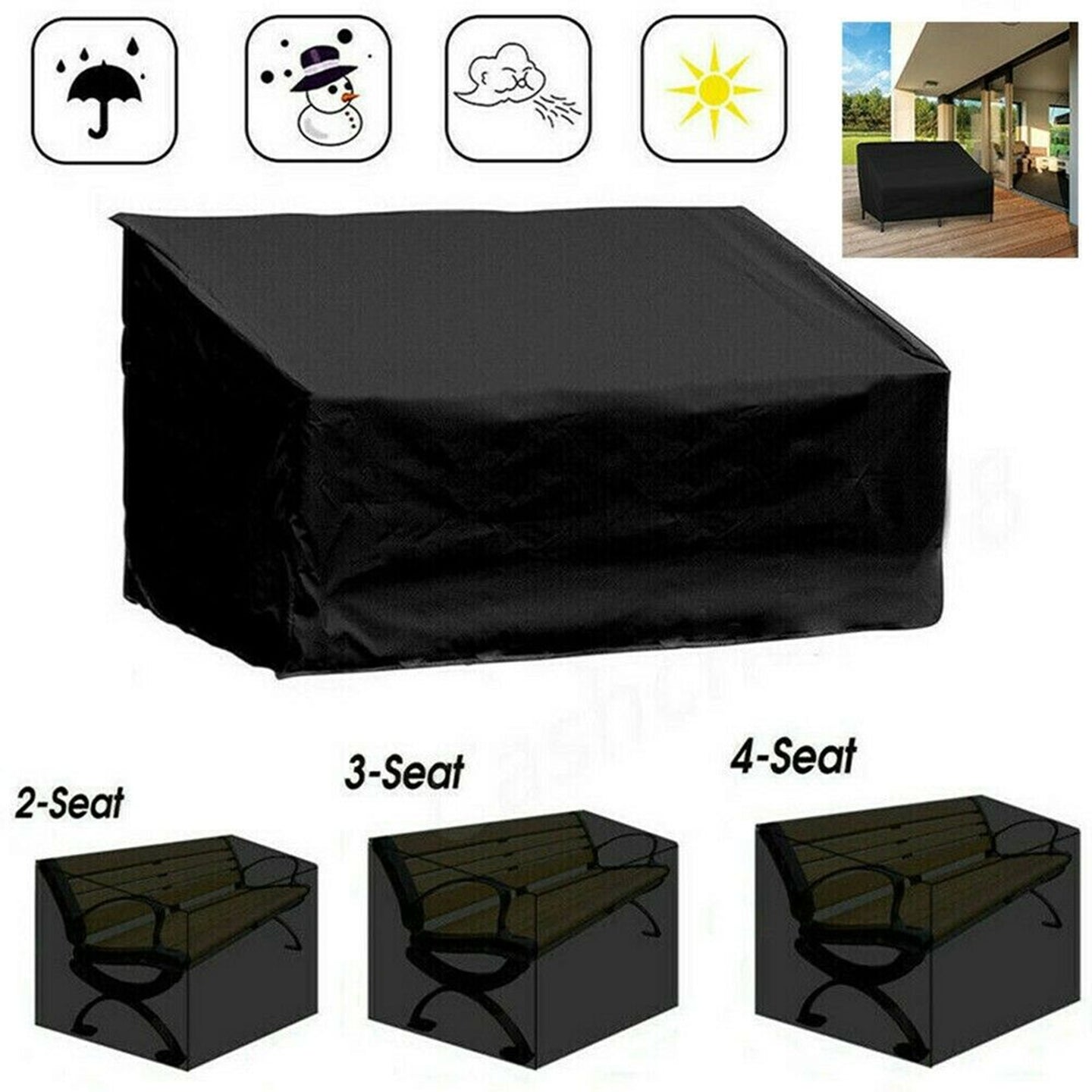 Black Waterproof Heavy Duty Garden Couch Outdoor 2/3/4 Seater Bench Seat Cover, 2Seats 134x66x89cm