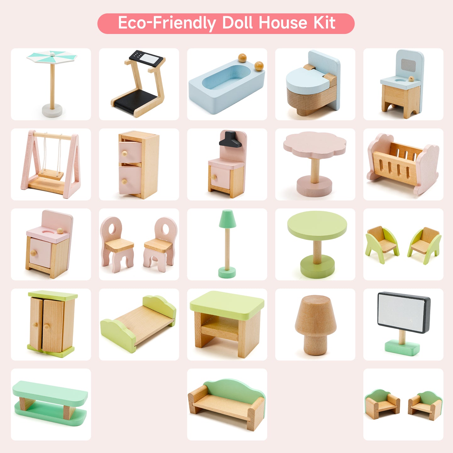 3 Story Wooden Doll House With Balcony 23 Accessories Toy Gift For 3 +Years Kids