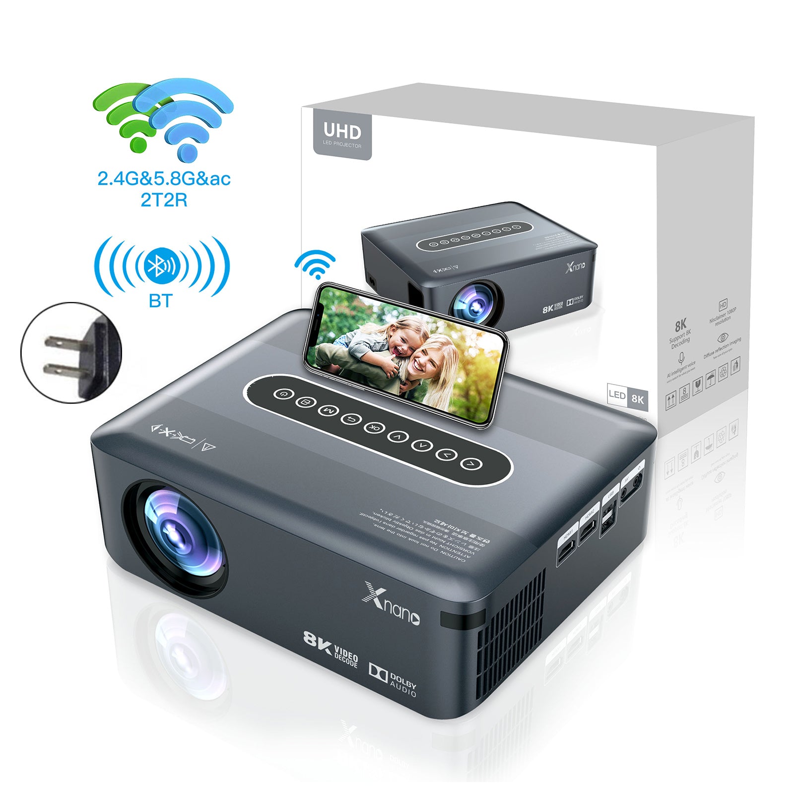 Native 1080p Smart Projector with Android 9.0, WiFi & Bluetooth, Supports 8K/4K, Home Theater Movie Projector with Voice Remote