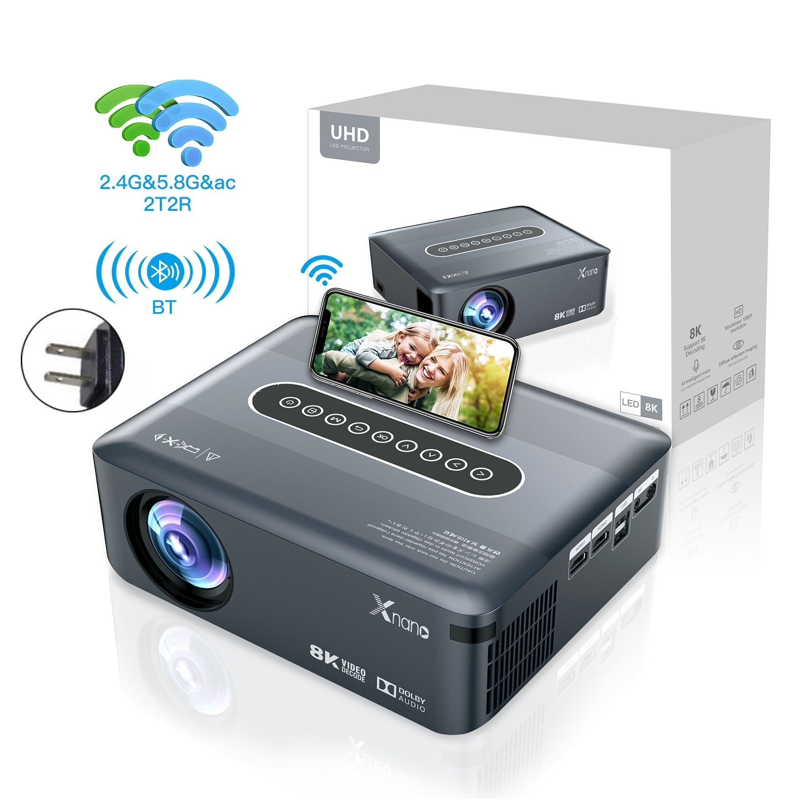 Ultra HD 8K Android Movie Projector – 1080p Home Theater with HDMI & USB, US Plug