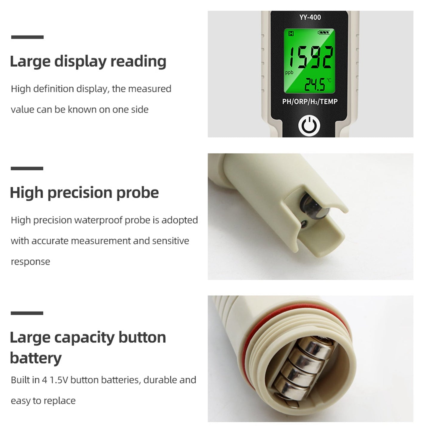 Digital Hydrogen Water Tester, 4-in-1 Meter for H2, pH, ORP & Temperature for Bottles & Generators