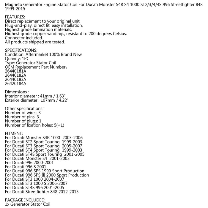 2000-2006 996 Ducati Monster S4R 1000 Generator Stator Coil