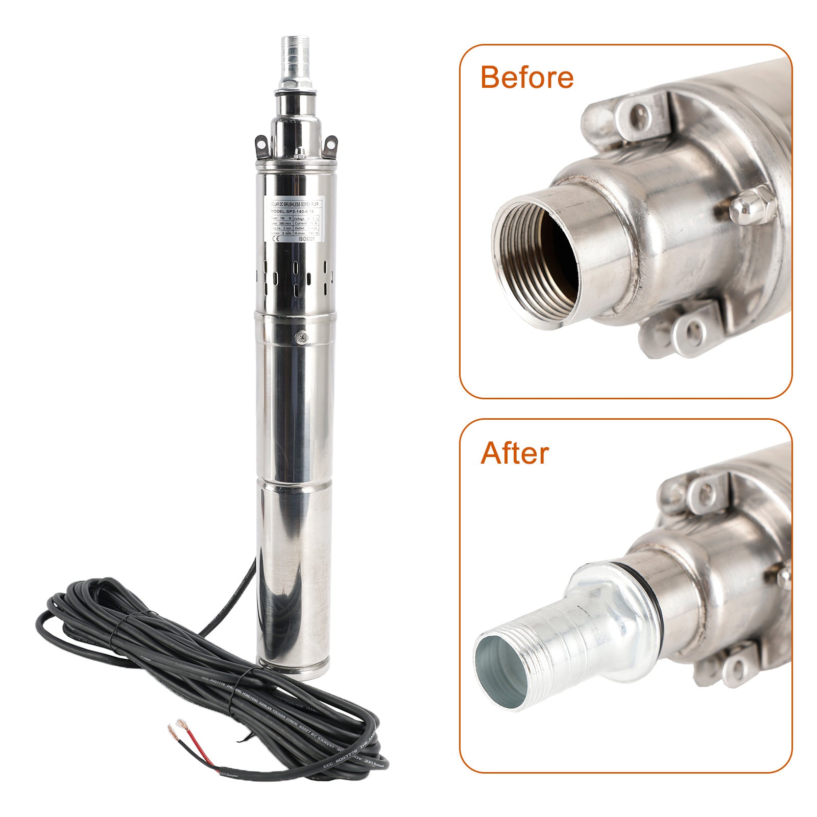 750W 48V Solar Submersible Borehole Water Pump with MPPT – Deep Well Screw Pump, Max Head 140M